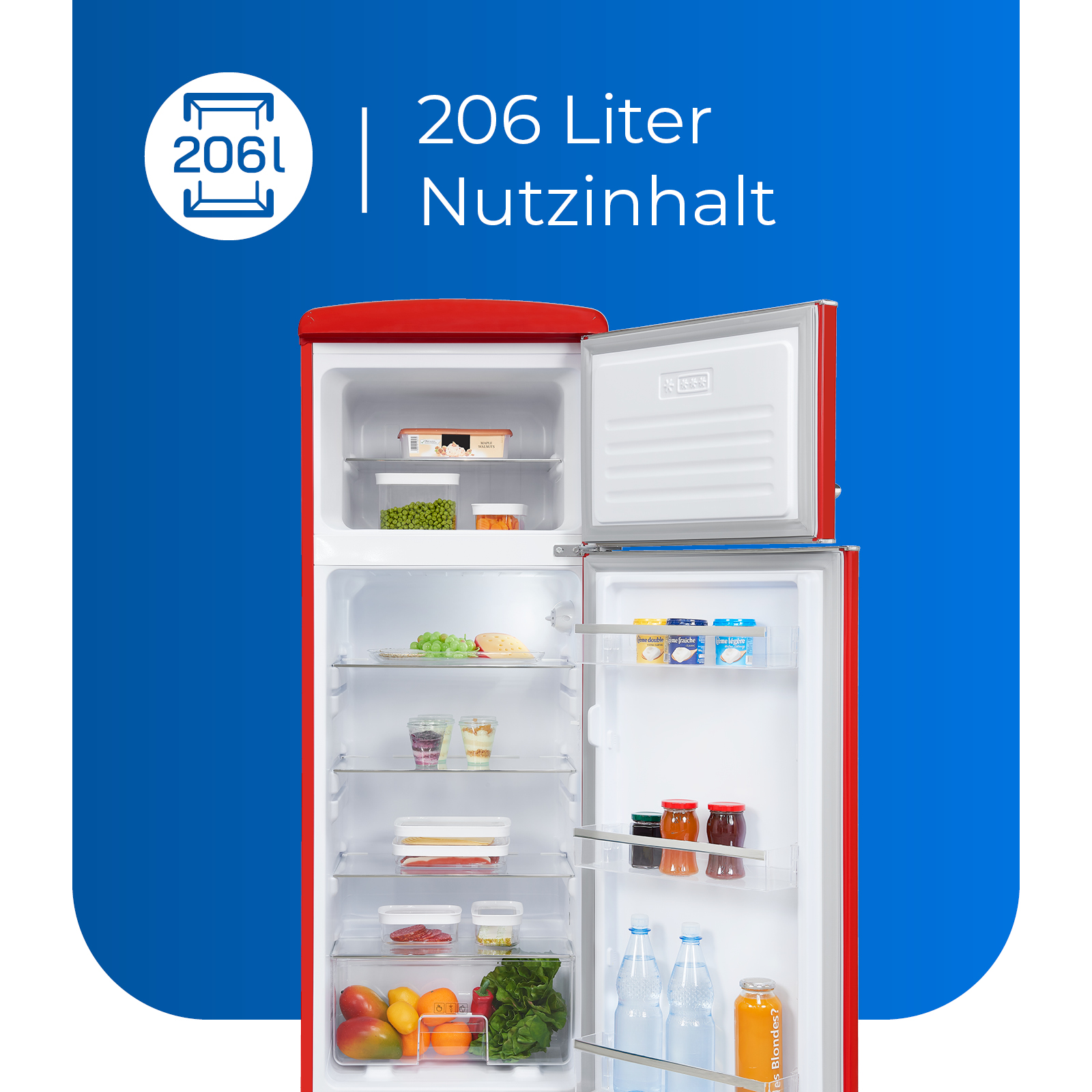 Roter Kühlschrank mit offener Tür, zeigt Regale mit Essen. Blauer Hintergrund und Text: 206 Liter.