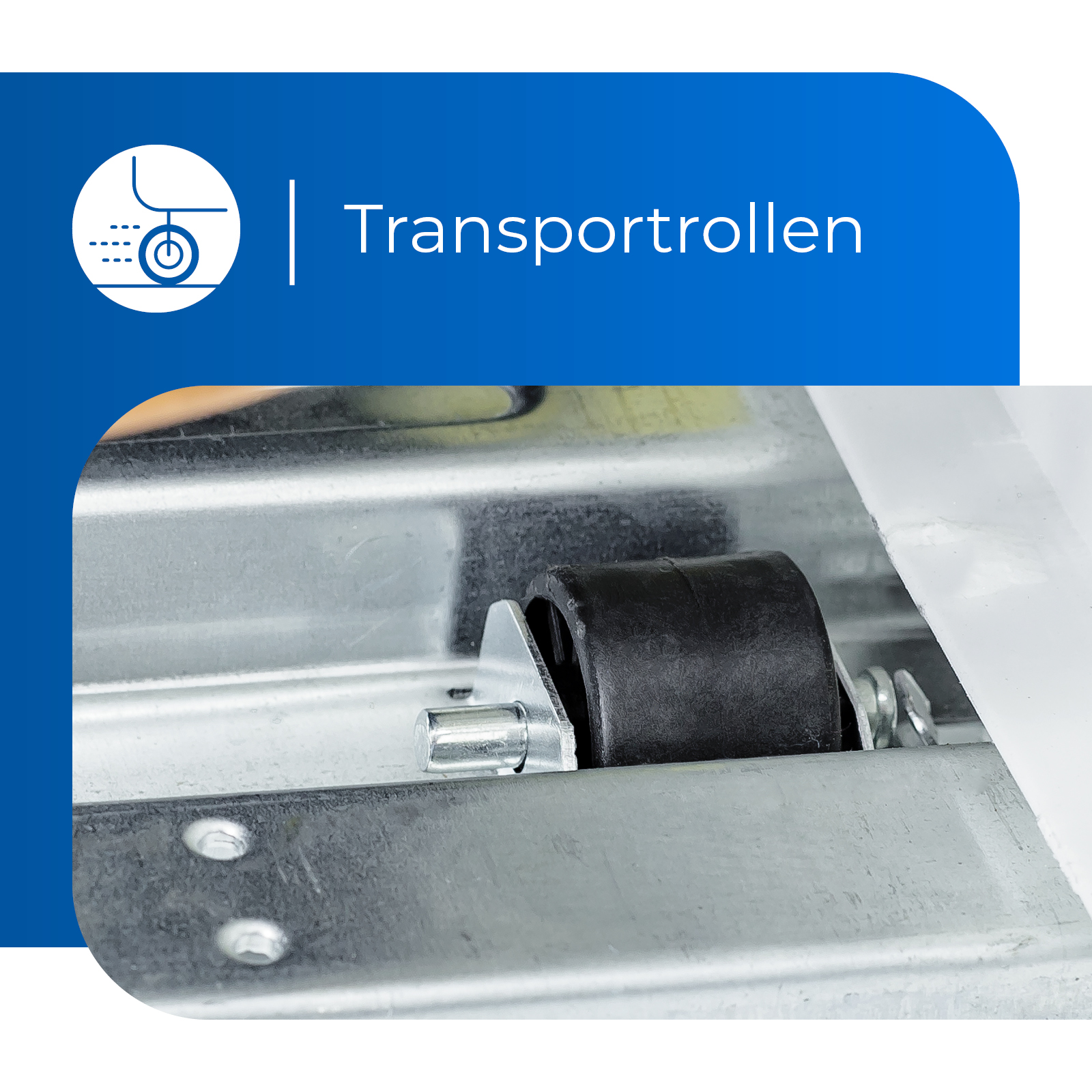 Nahaufnahme eines schwarzen Rades auf einer Metalloberfläche mit dem Text 'Transportrollen'.