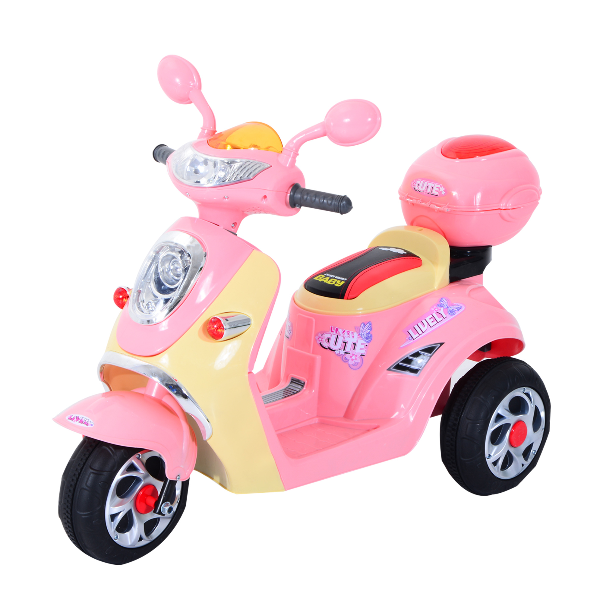 Scooter giocattolo rosa e giallo a tre ruote. Ha un vano portaoggetti e luci.
