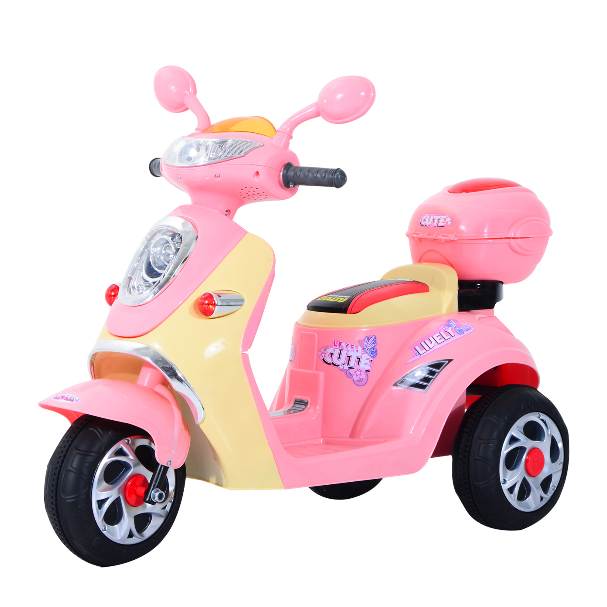 Giocattolo scooter elettrico rosa e giallo con ruote nere. Ha un vano portaoggetti sul retro.