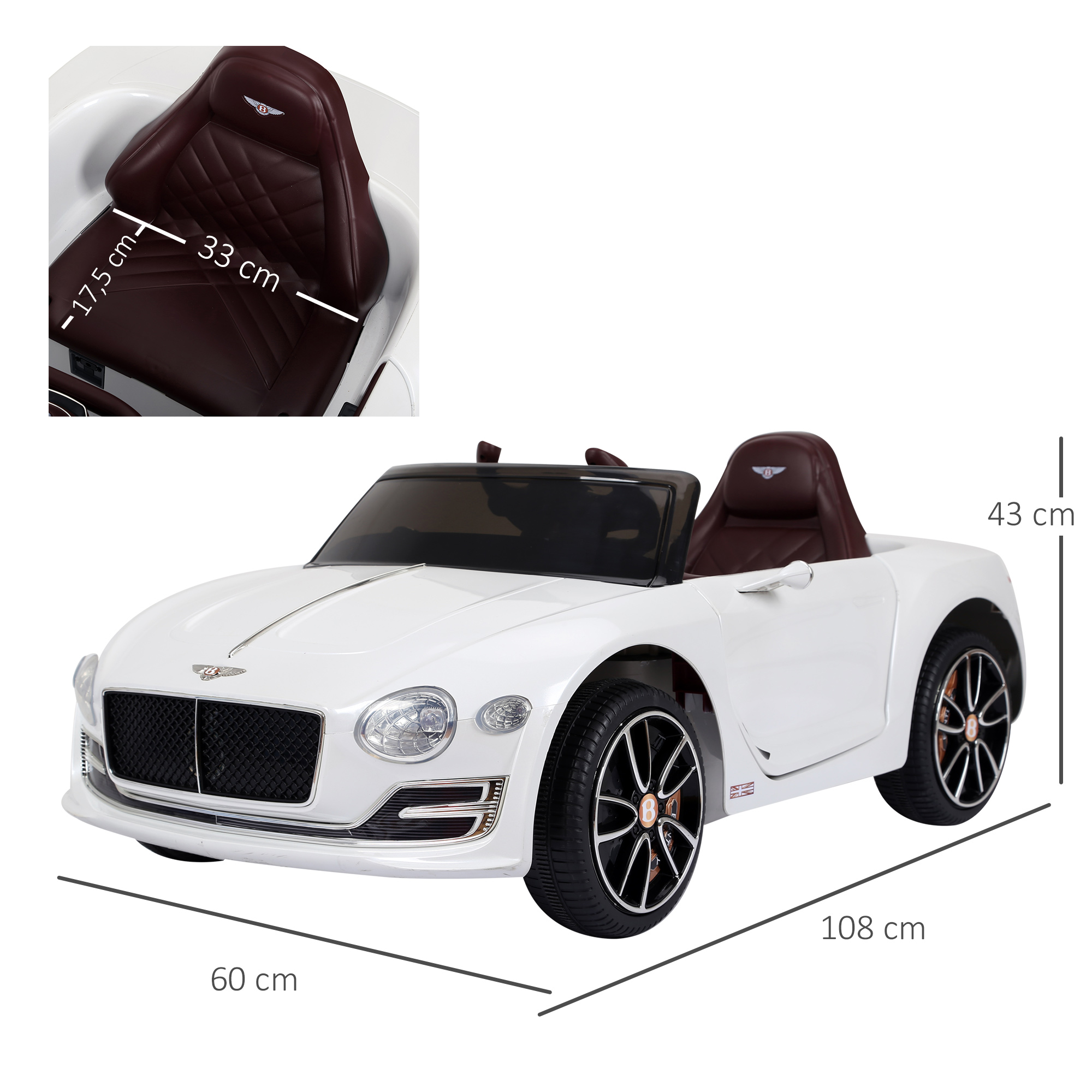 Coche Bentley de juguete blanco con interior marrón y dimensiones etiquetadas.