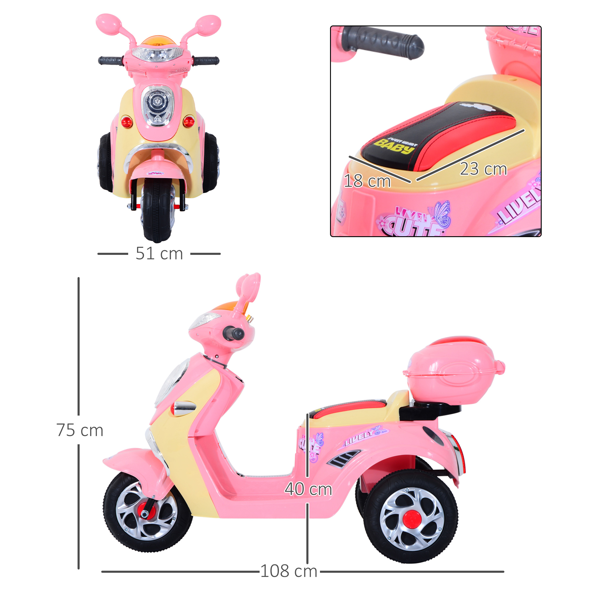 Scooter giocattolo rosa e giallo con tre ruote. Le dimensioni sono mostrate nell'immagine.