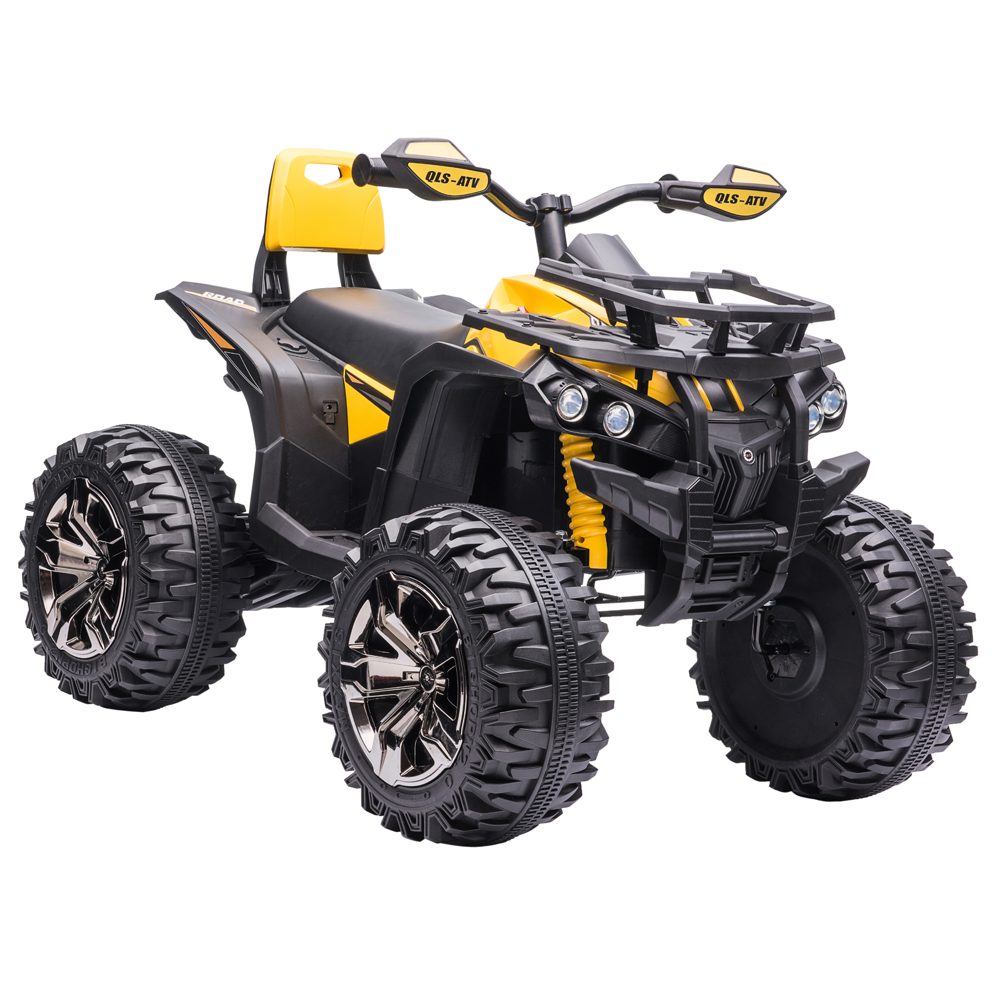 Giocattolo ATV giallo e nero. Ha ruote grandi. Lo sfondo è bianco.