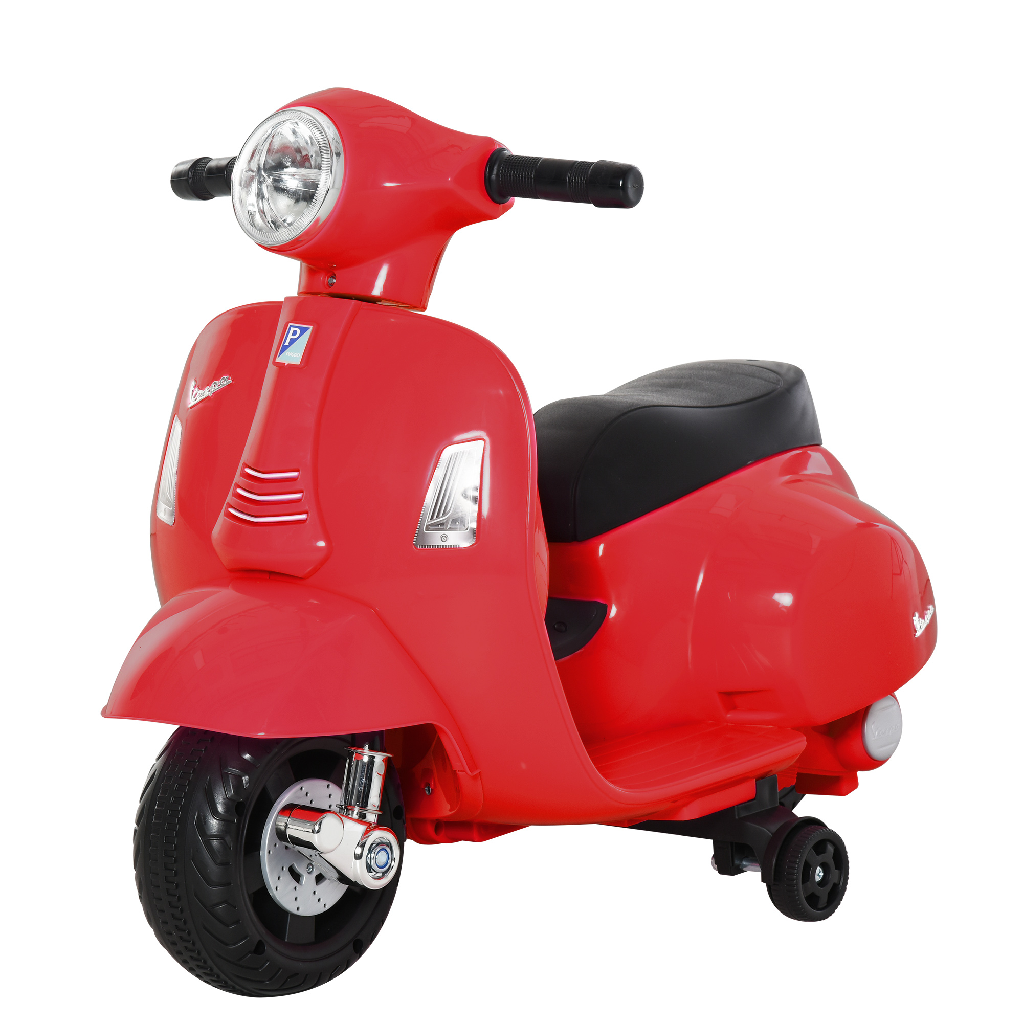 Scooter giocattolo rosso con pneumatici neri, faro e logo Vespa. Sfondo bianco.