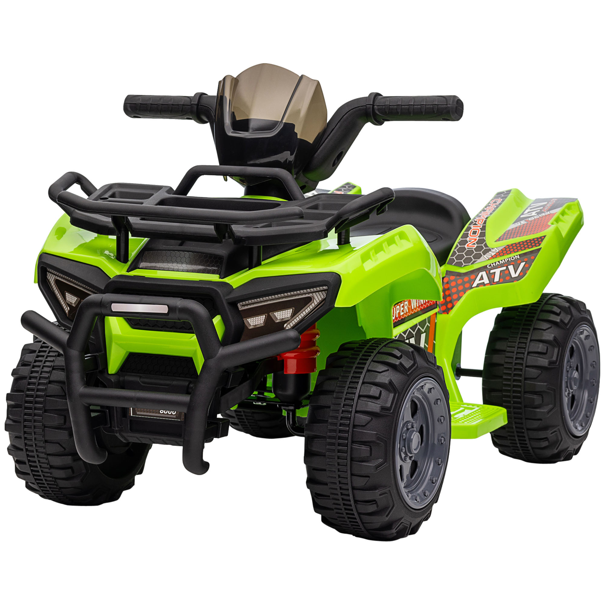 Giocattolo ATV verde e nero. Maniglie e ruote nere. Sfondo bianco.