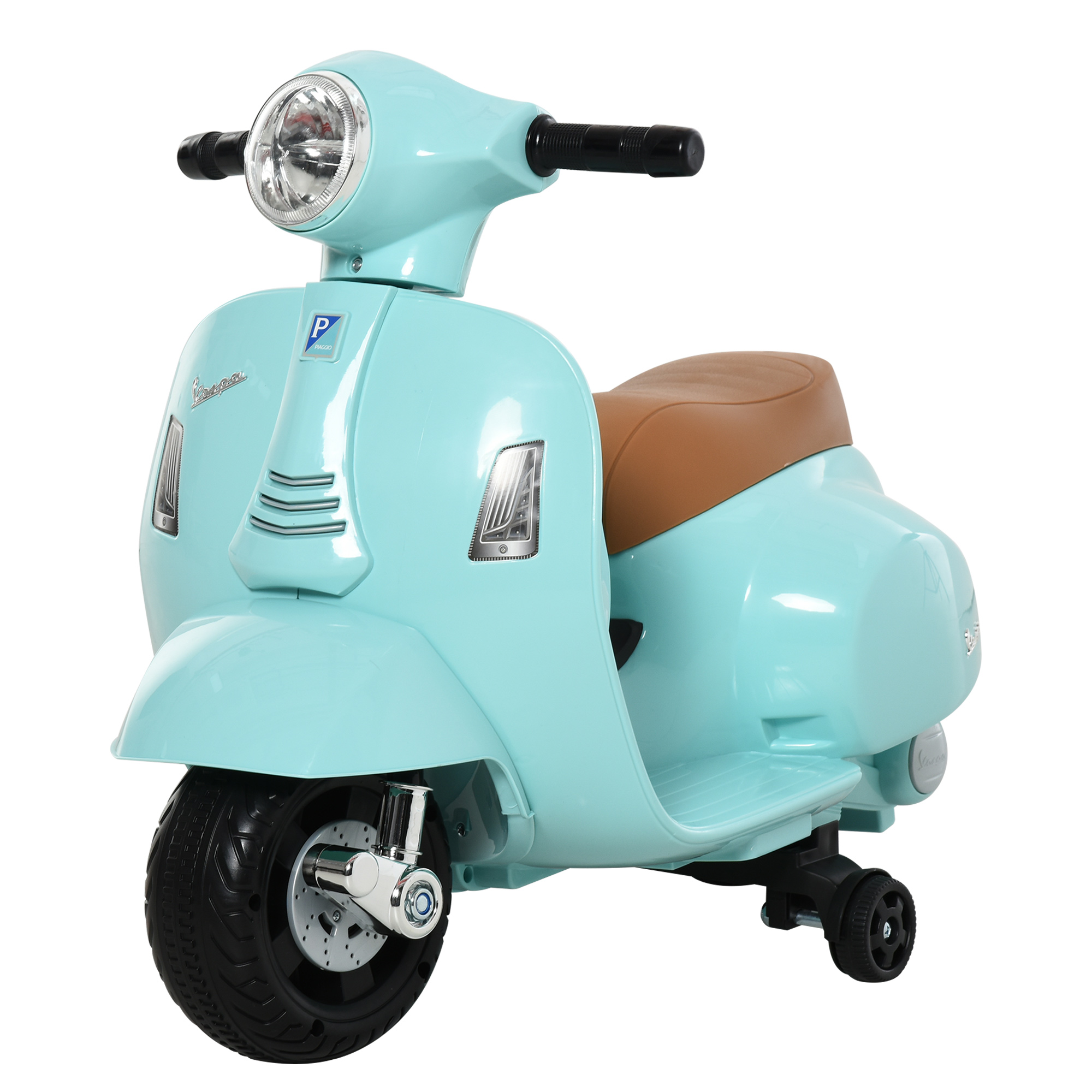 Scooter giocattolo verde menta con sedile marrone, pneumatici neri e faro. Sfondo bianco.