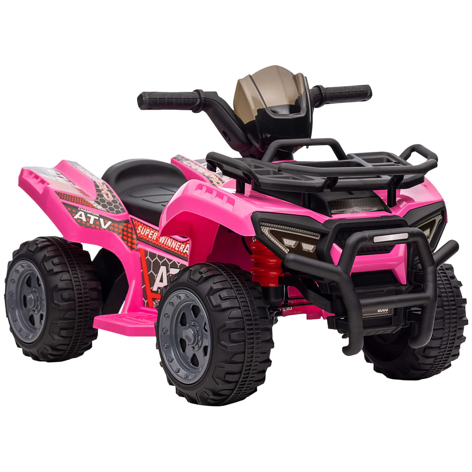 Auto giocattolo ATV rosa. Ha ruote nere, un roll-bar nero e il numero 4.