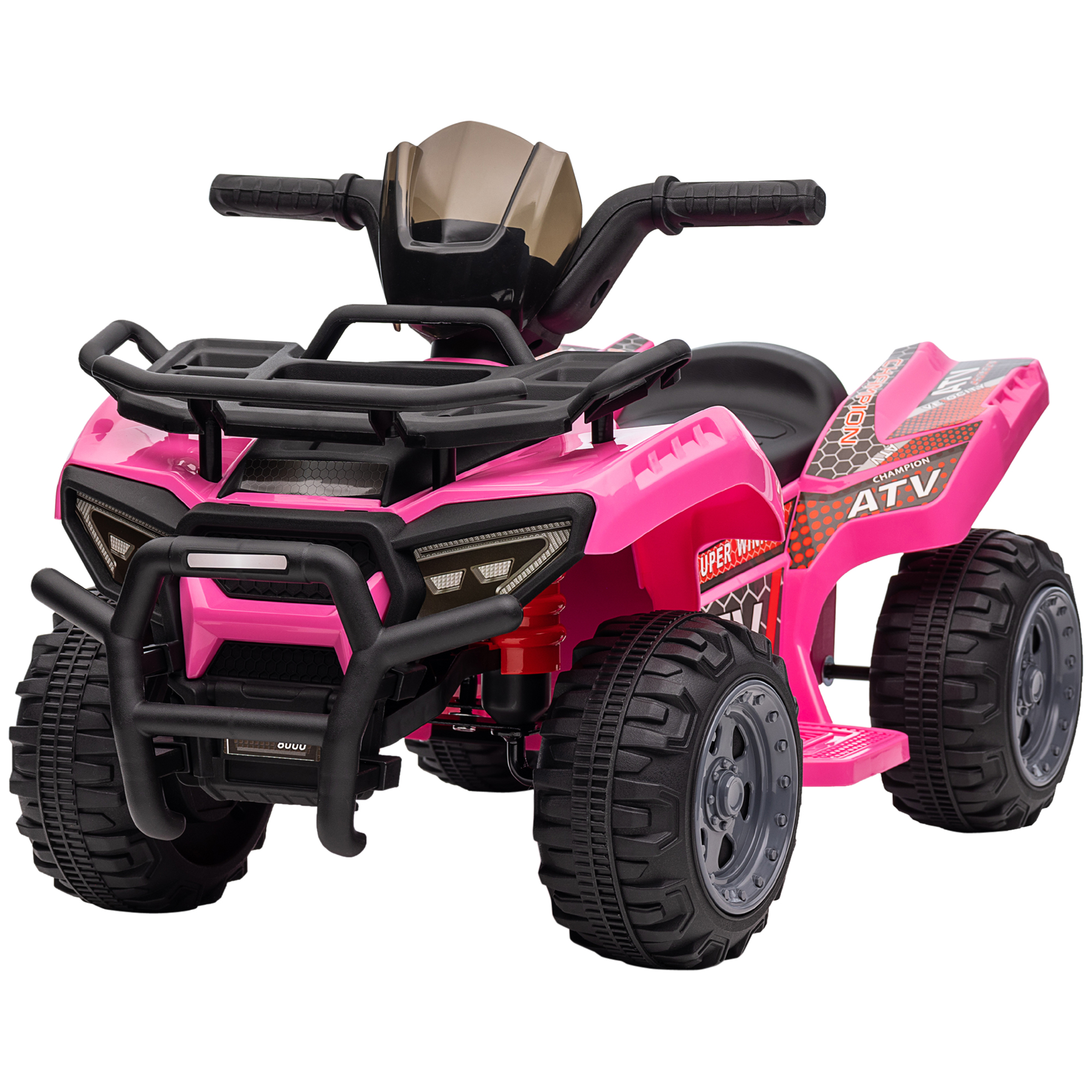 Giocattolo ATV rosa. L'ATV è rosa con dettagli neri. Lo sfondo è bianco.