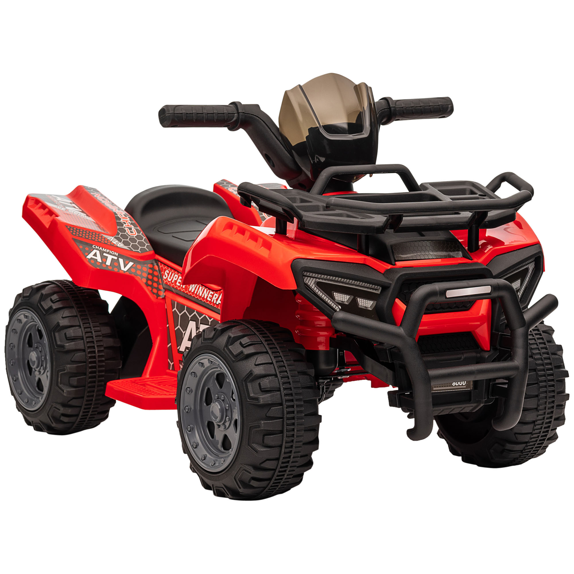 Macchina giocattolo ATV rossa, dettagli neri, sfondo bianco.