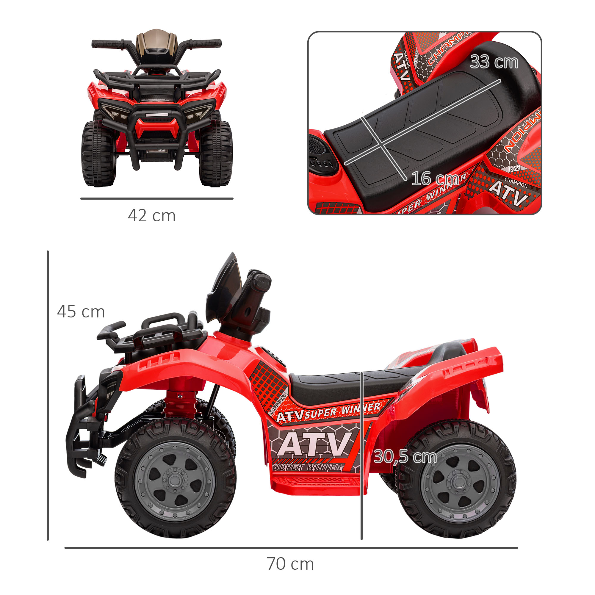 ATV de juguete rojo con dimensiones, asiento negro y detalles visibles. Vista lateral y superior.