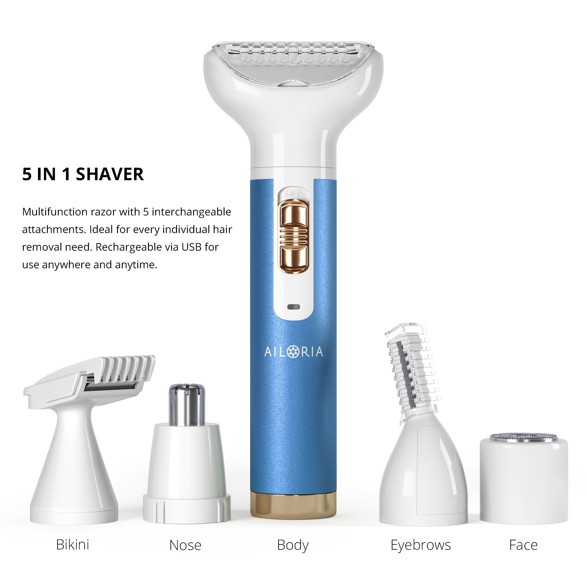 Rasoio 5 in 1 con accessori intercambiabili, su sfondo bianco, con testo.