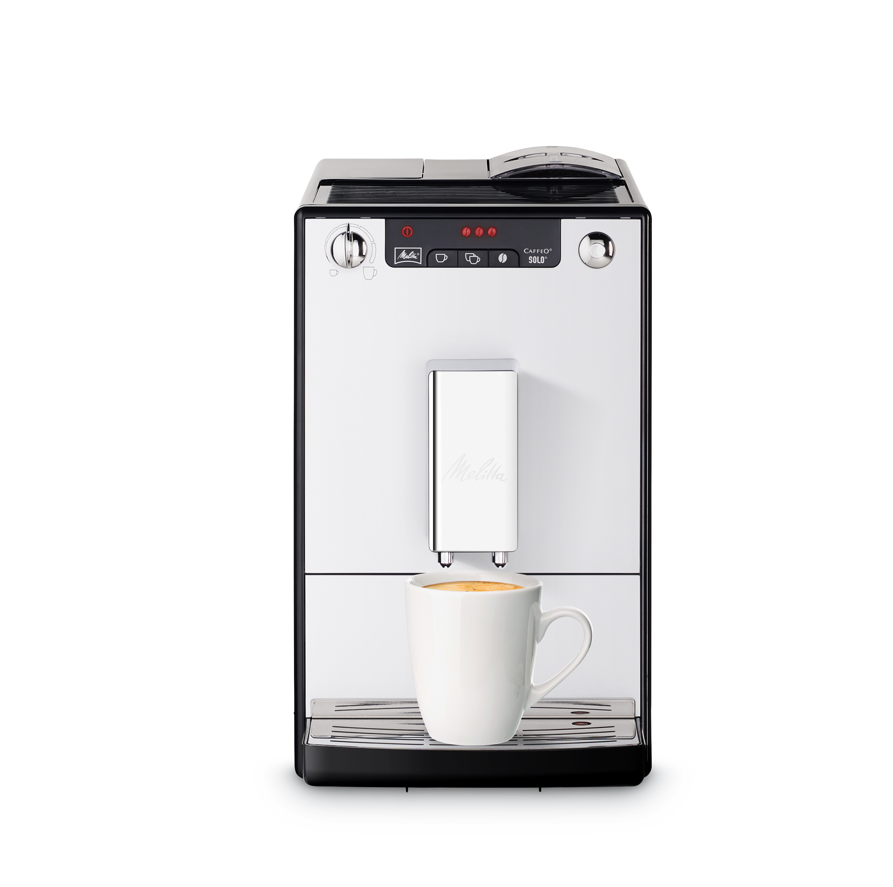 Biało-czarny ekspres do kawy z wlewaną filiżanką kawy.