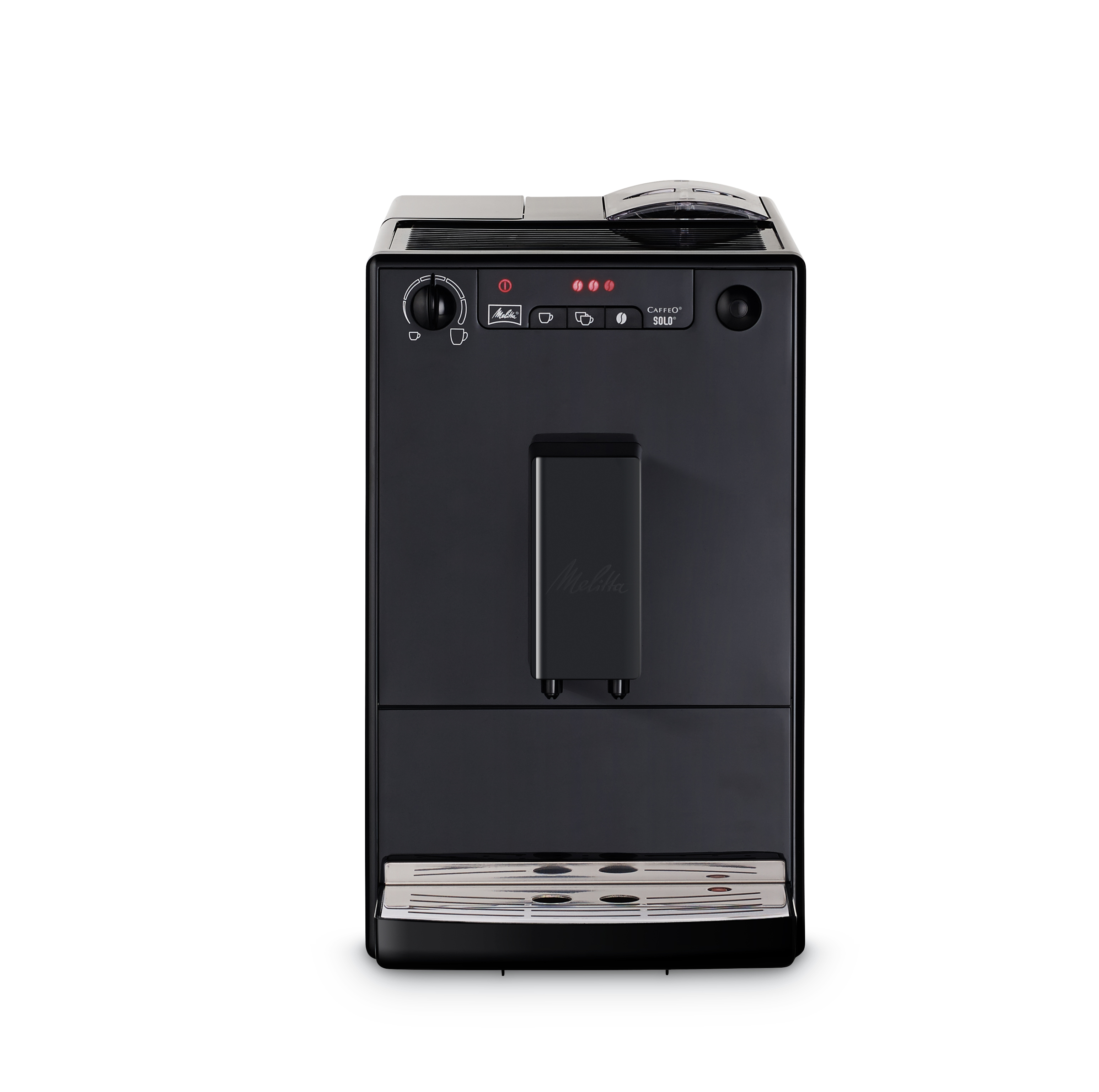 Czarny ekspres do kawy Melitta Caffeo Solo, widok z przodu. Świecą się czerwone kontrolki.