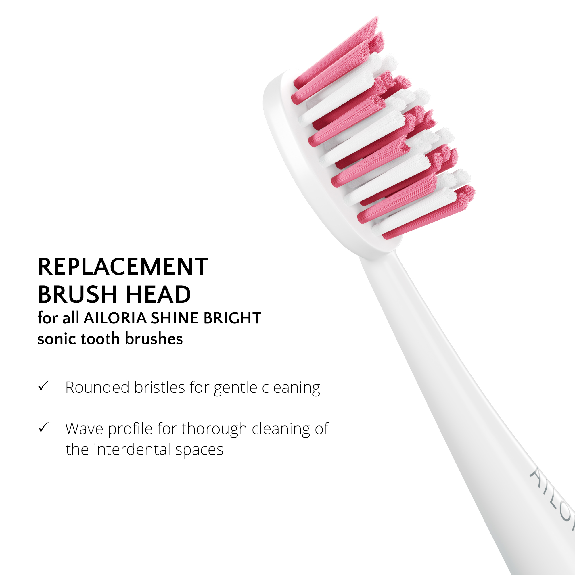 Ein weißer Zahnbürstenkopf mit rosa und weißen Borsten. Text zum Produkt ist sichtbar.
