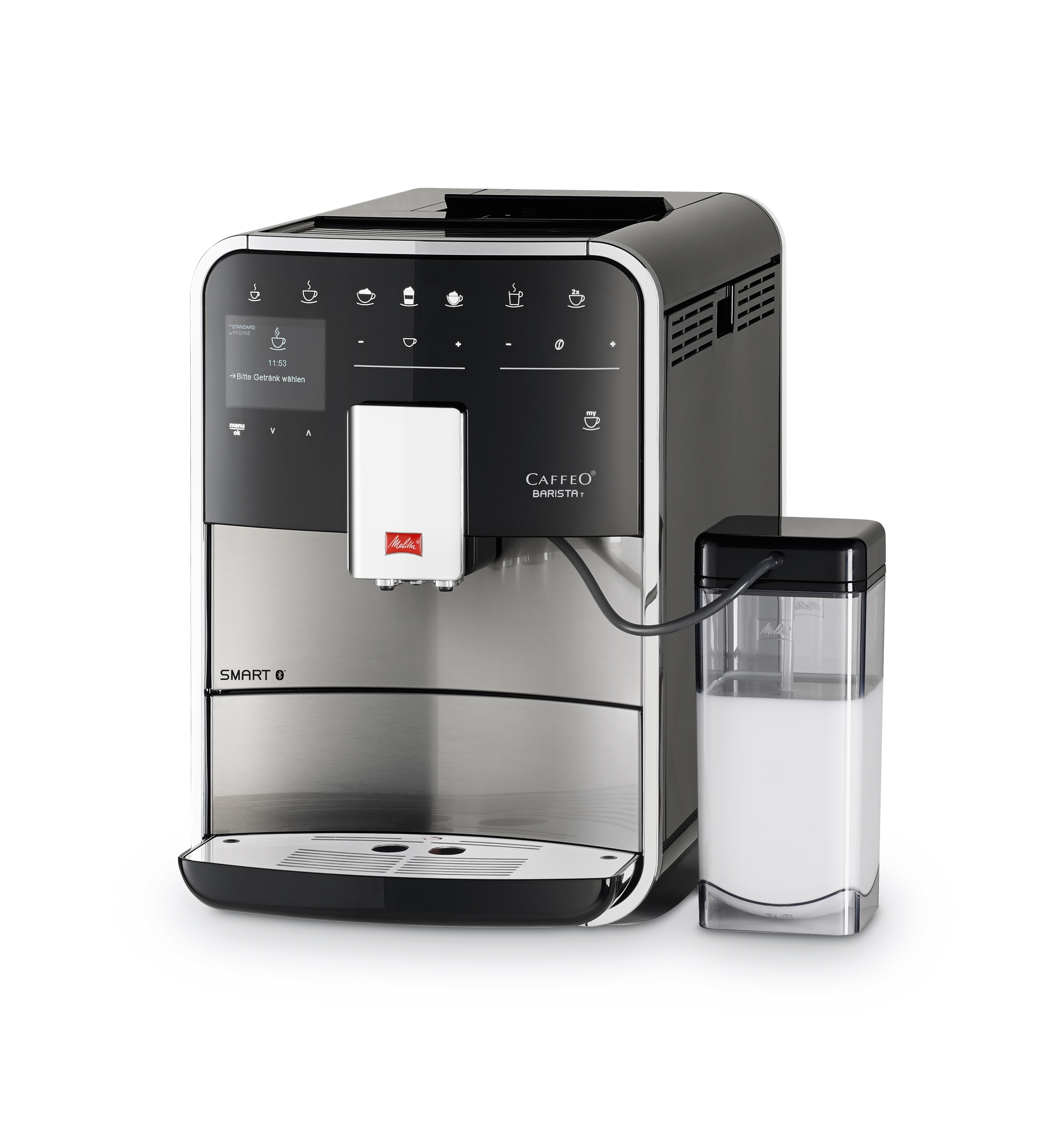 Macchina per caffè Melitta Caffeo Barista nera e argento con contenitore del latte. Sfondo bianco.