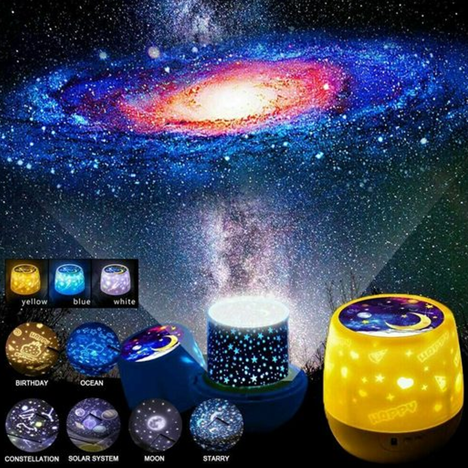 Un proyector de galaxias que muestra una escena colorida de galaxias. Varios ajustes de luz y opciones de proyector.