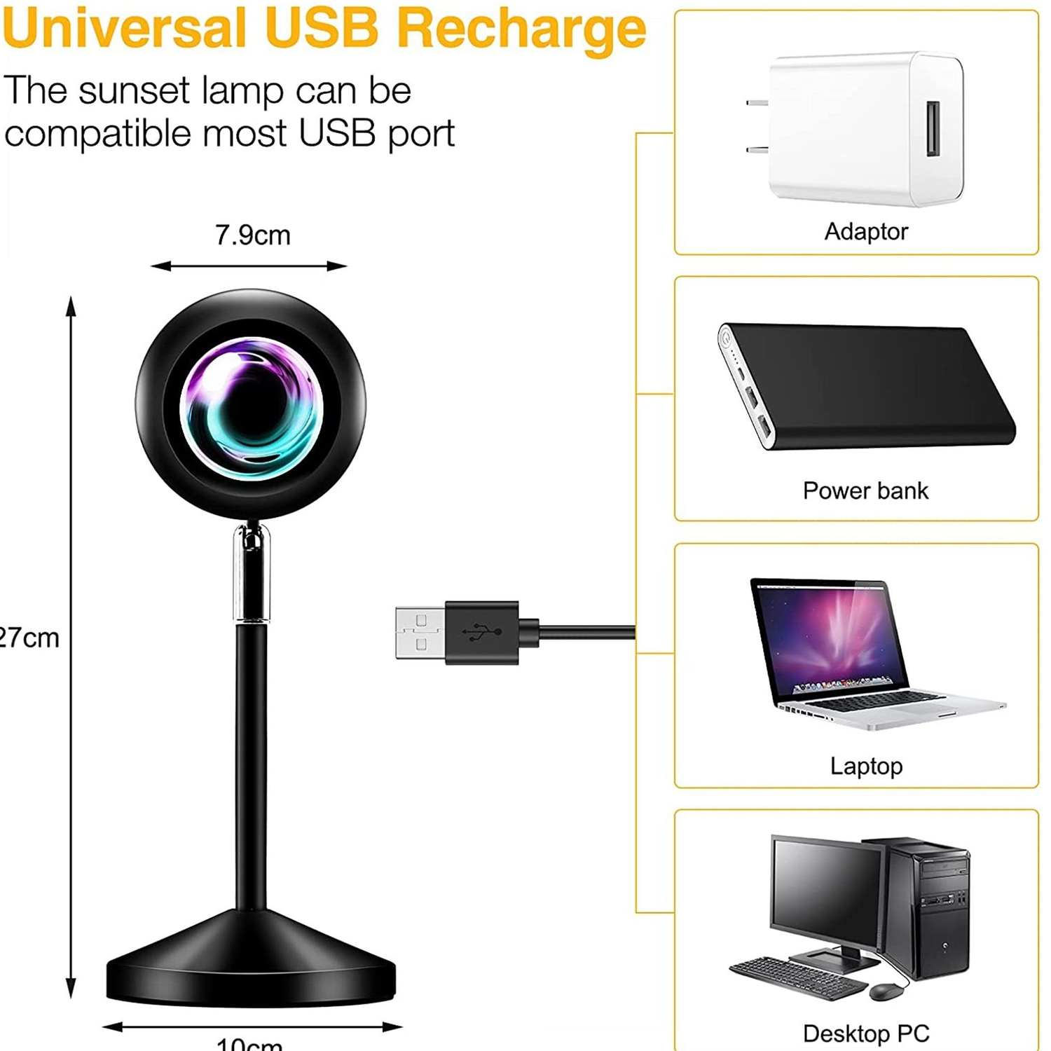 Lámpara de puesta de sol y accesorios: adaptador, banco de energía, portátil y PC de escritorio, USB.