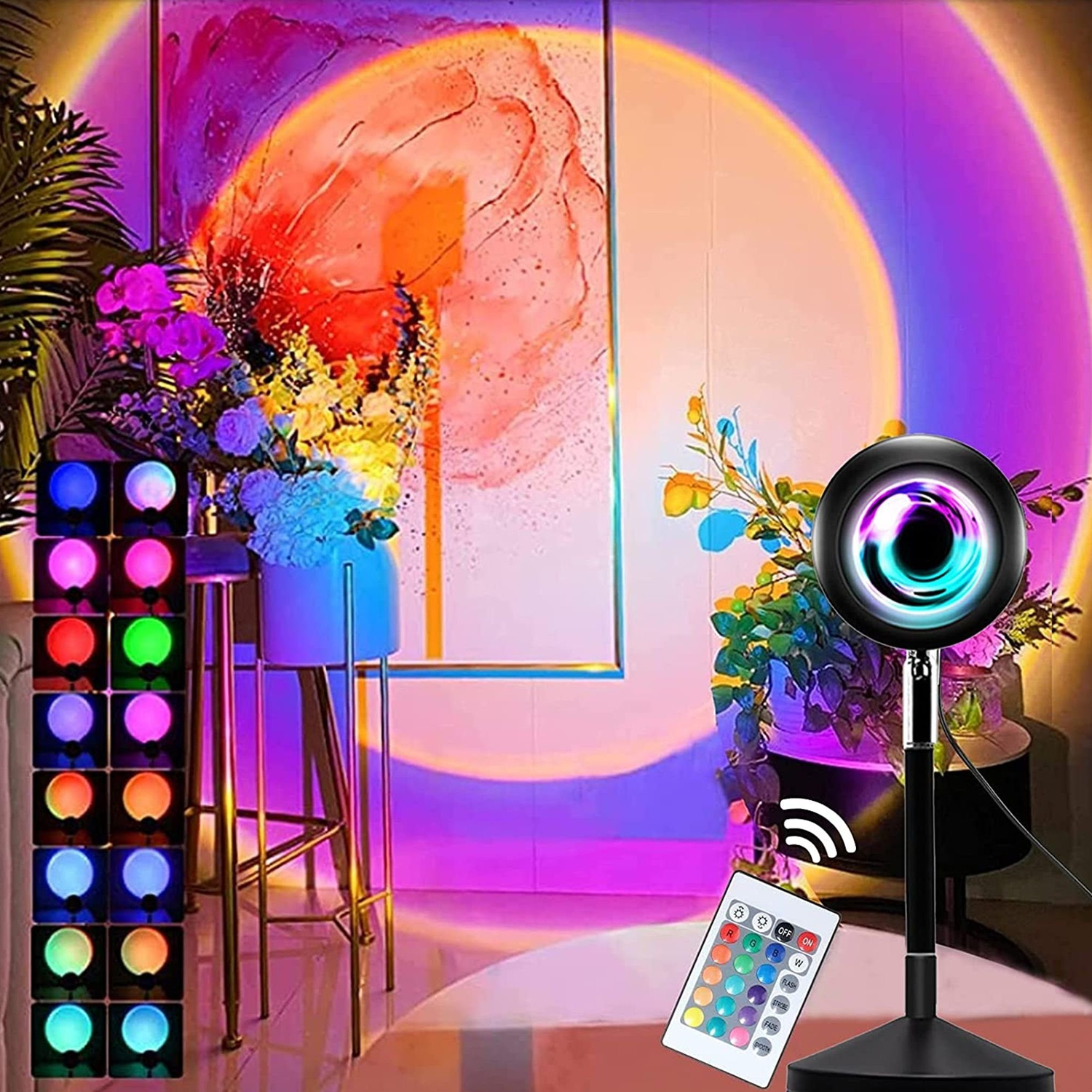 Una lámpara de puesta de sol que proyecta un círculo colorido, con una mesa de luces de colores y un arreglo floral.