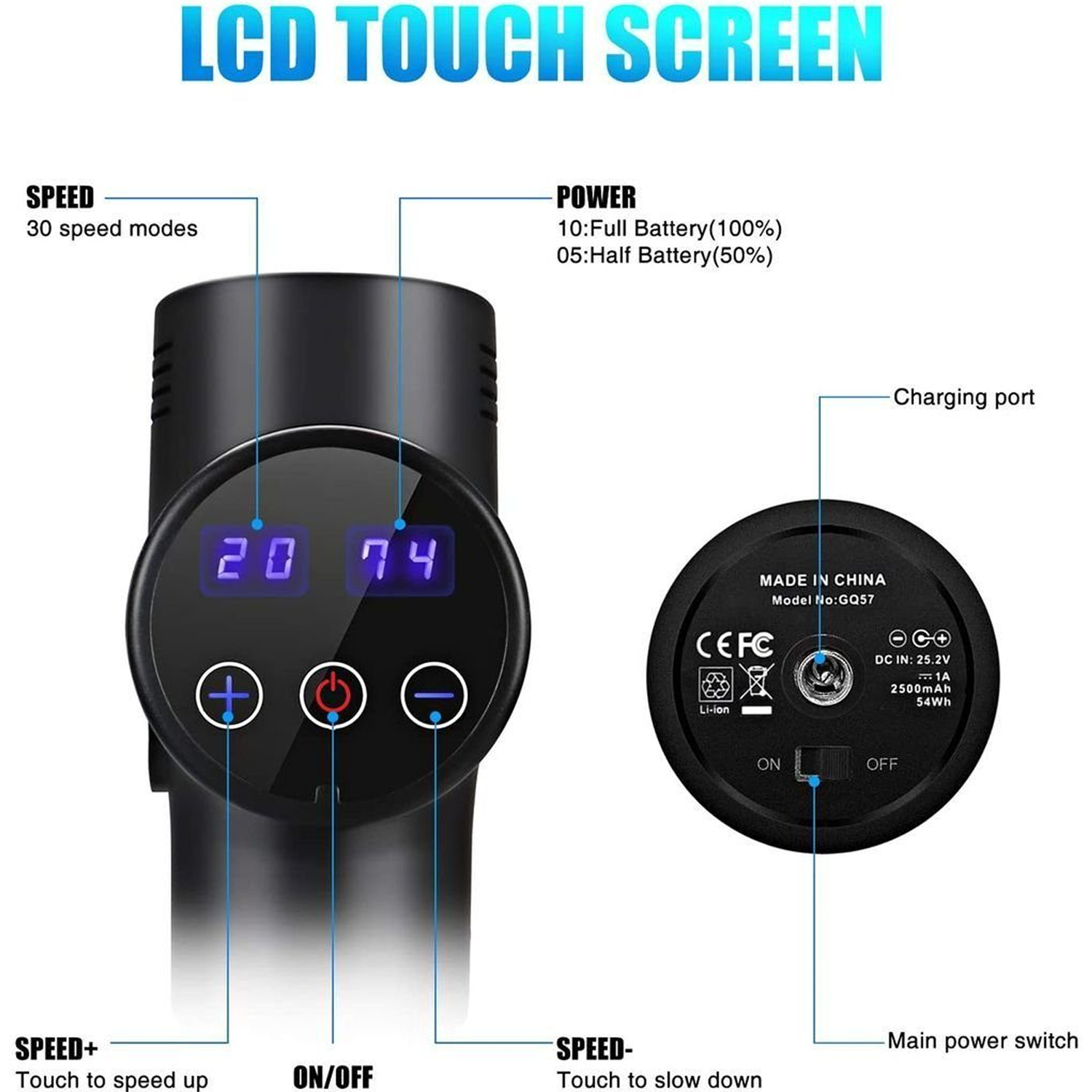 Masajeador de mano negro con pantalla digital, botones y un interruptor principal.