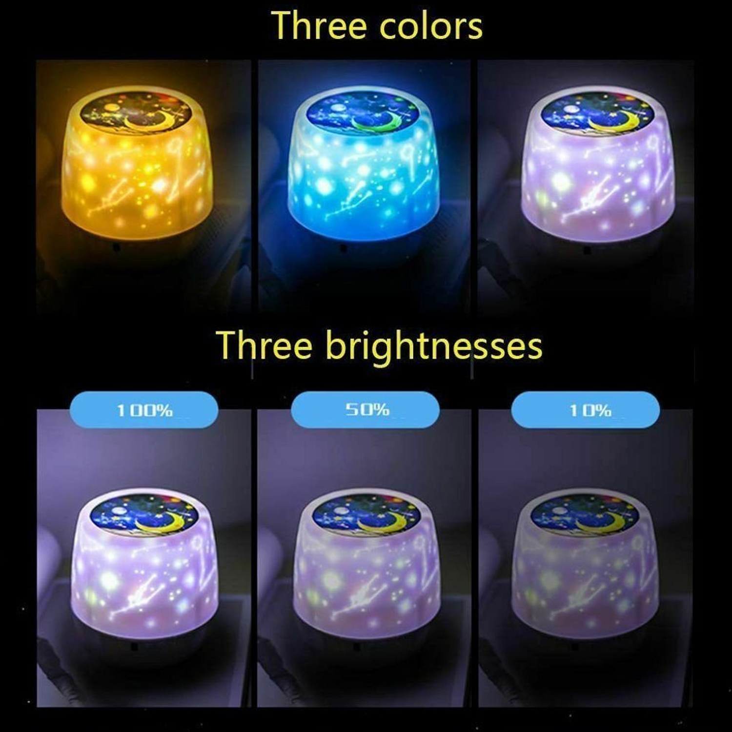 Tres lámparas con diferentes colores y brillos, cada una sobre un fondo oscuro.