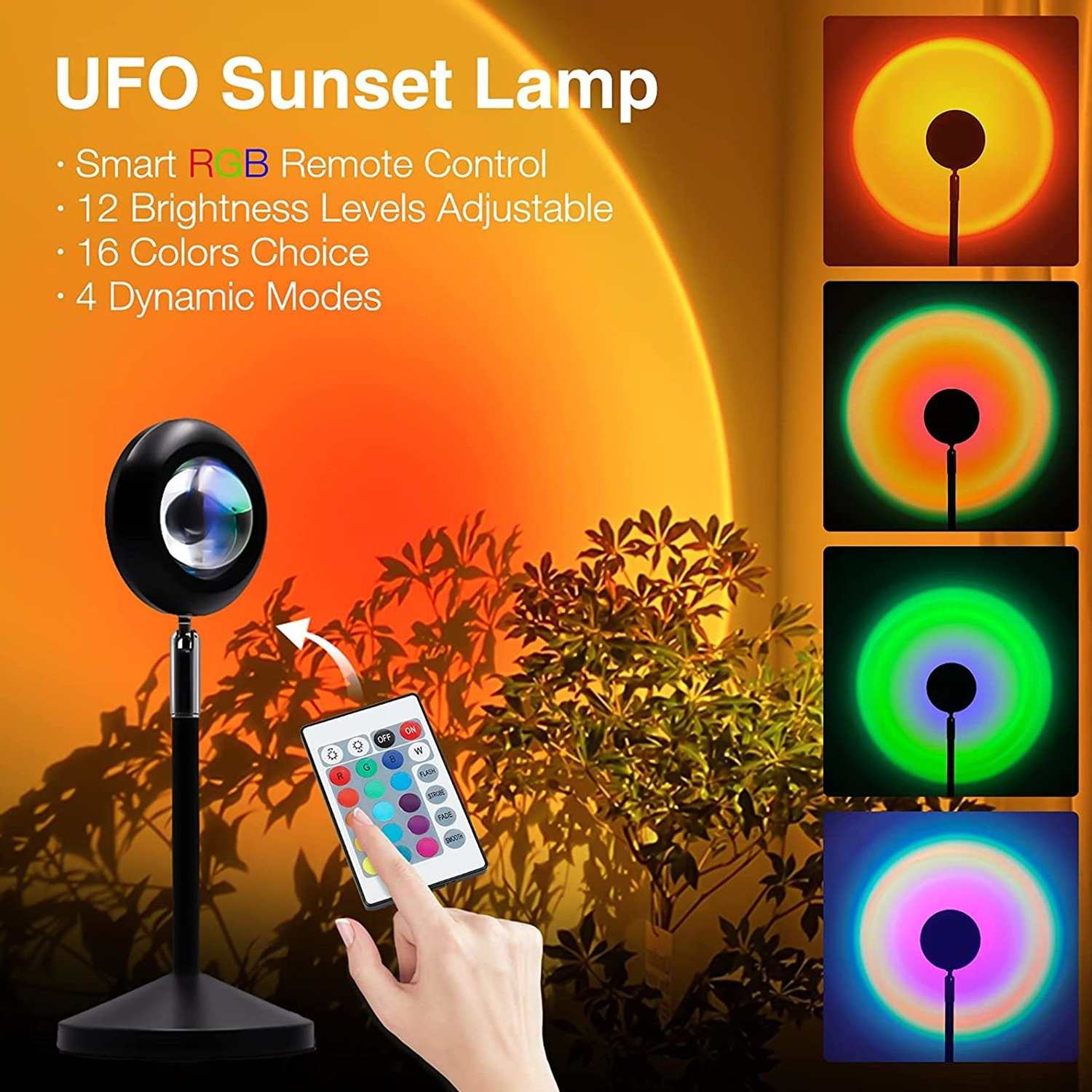 Lámpara de puesta de sol OVNI con ejemplos de colores de luz y un control remoto.