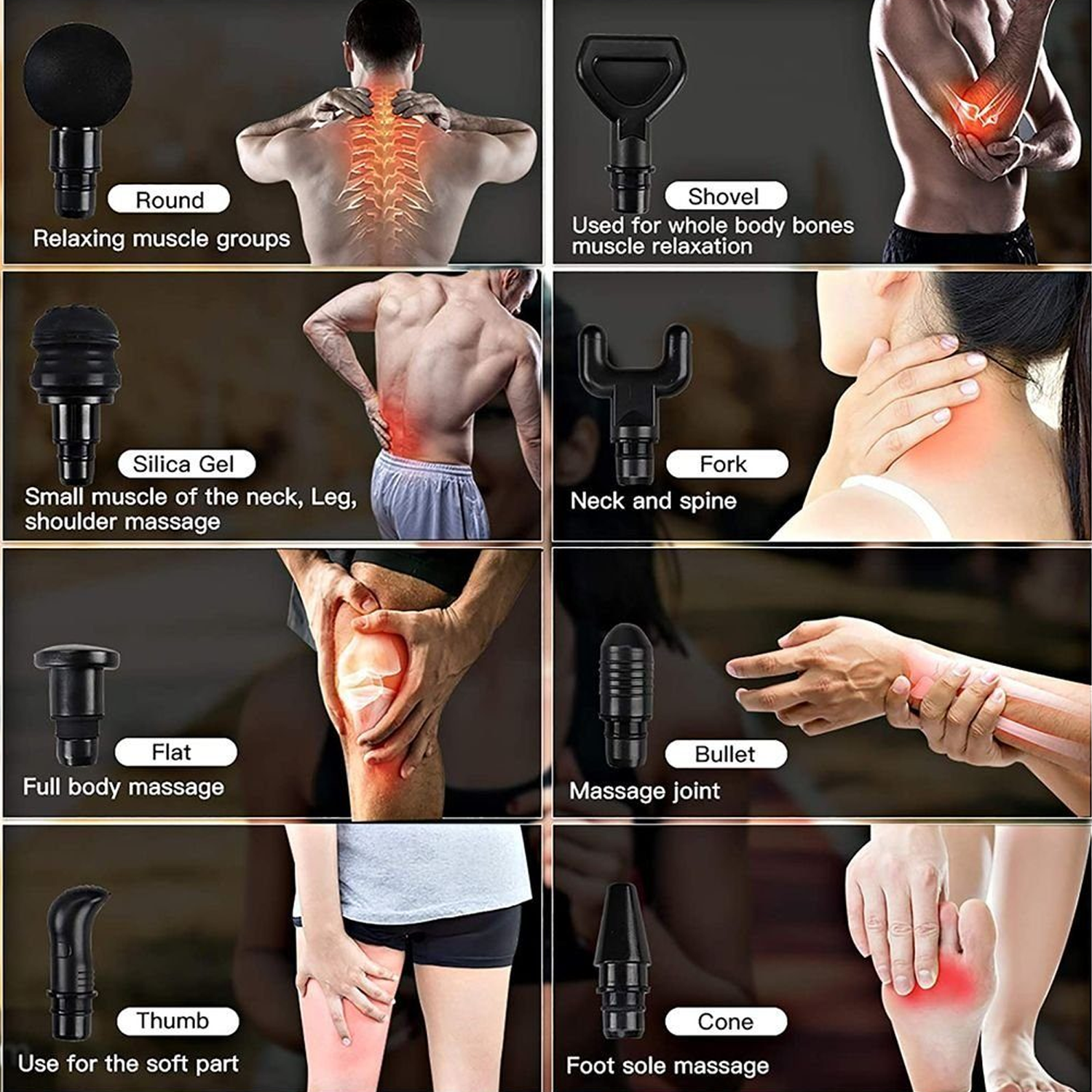 La imagen muestra herramientas de masaje con diferentes cabezales y sus usos en el cuerpo.