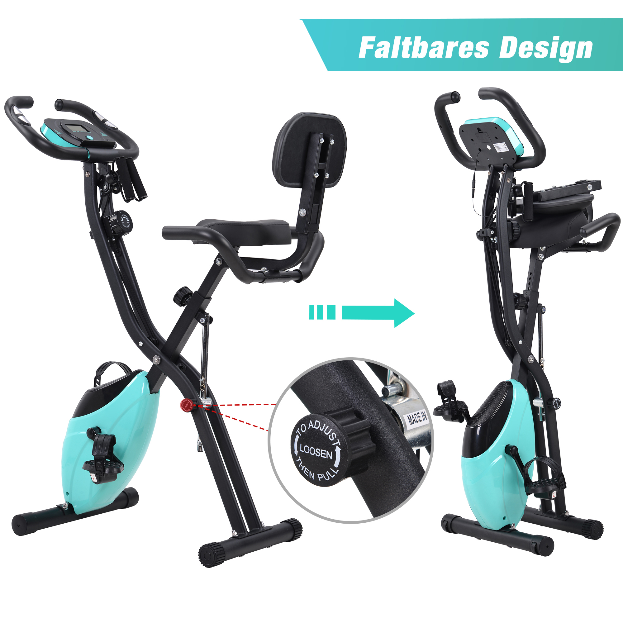 Heimtrainer in zwei Positionen. Cyan und Schwarz, mit Bedienfeld und Faltmechanismus im Detail.