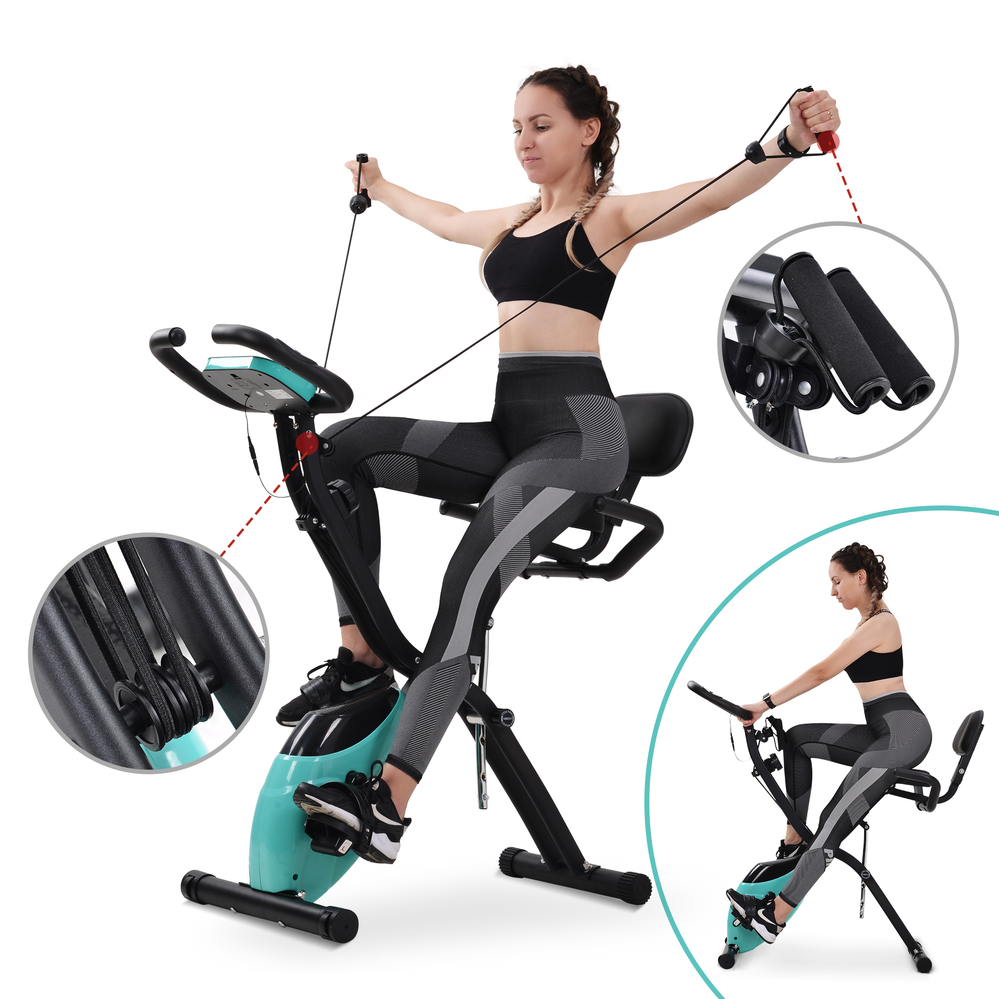Eine Frau trainiert auf einem Heimtrainer mit Widerstandsbändern. Zusätzliche Detailansichten.