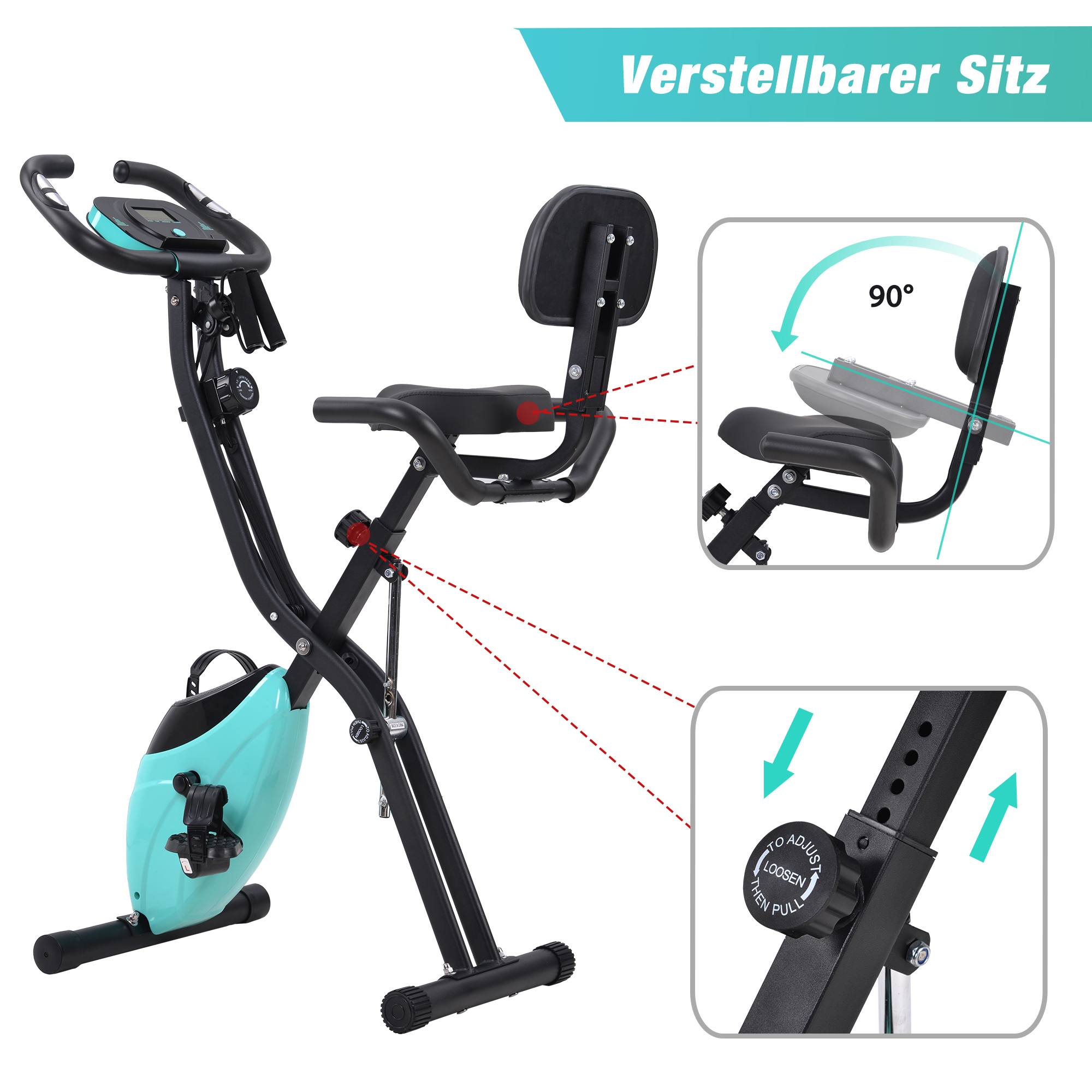 Ein Heimtrainer mit verstellbarem Sitz. Details zeigen Sitz- und Rückenlehnenverstellung.