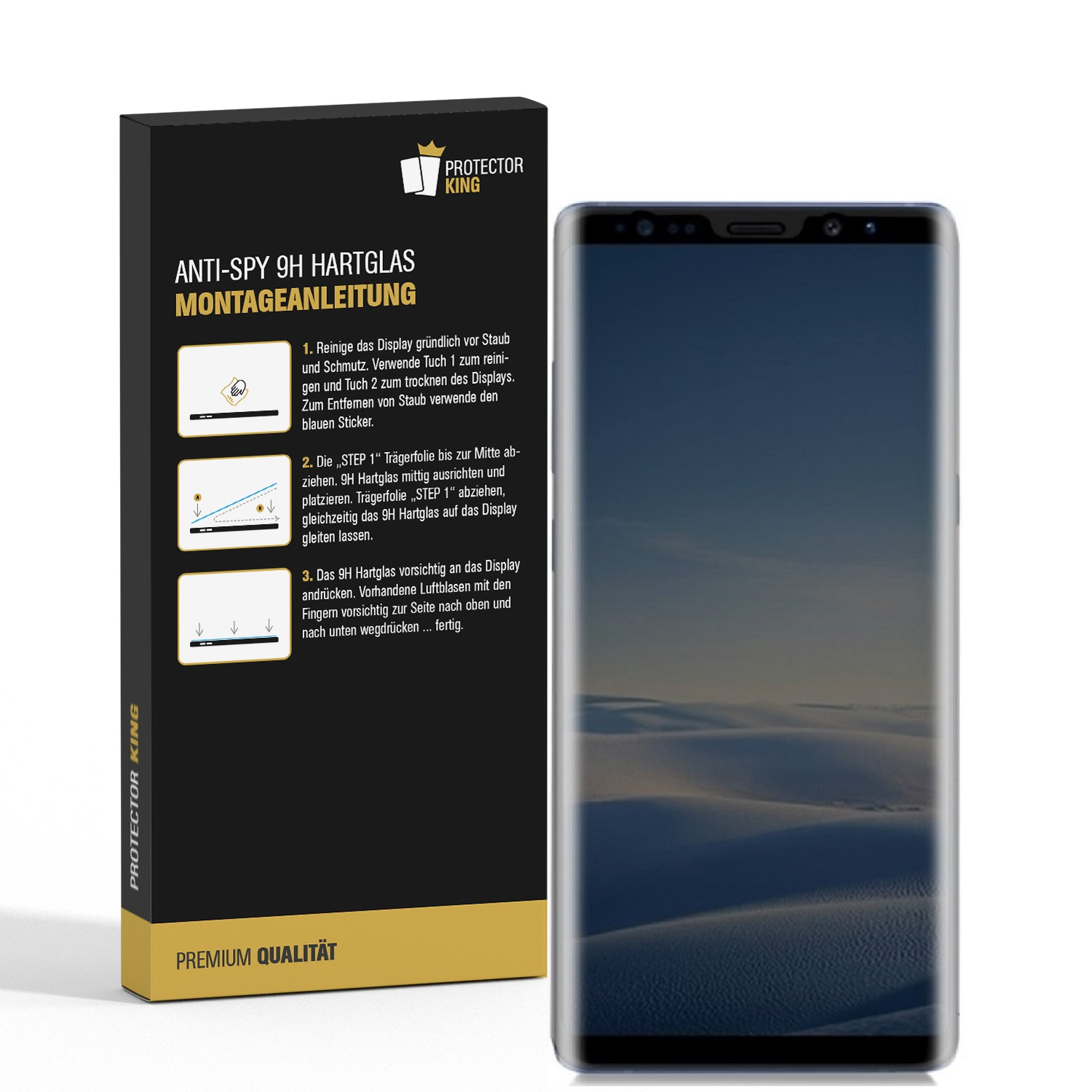 Eine Schachtel für einen Displayschutz, mit Anweisungen und einem Telefonbildschirm. Der Bildschirm ist leicht verschwommen.