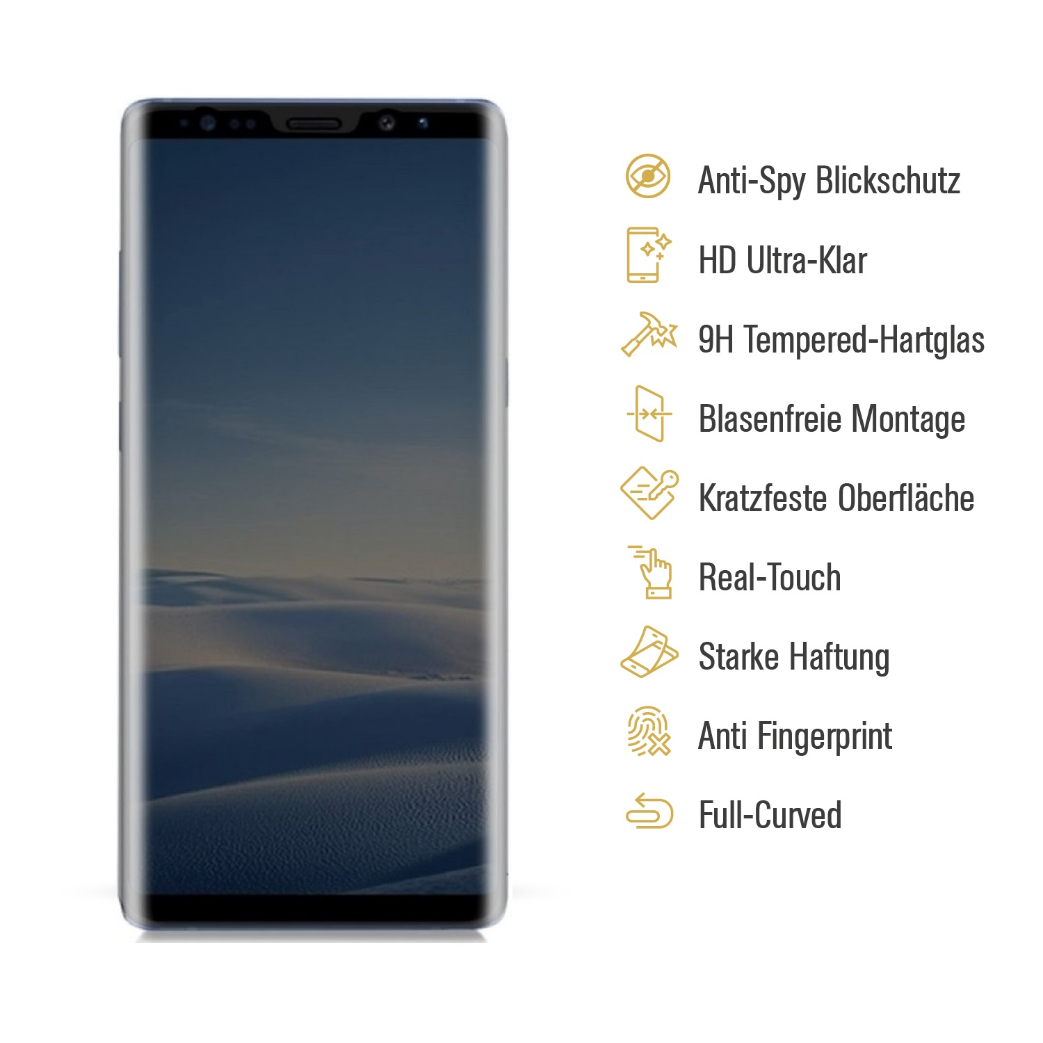 Telefon mit Displayschutz. Text: Anti-Spionage, HD Ultra-Klar, 9H Hartglas.
