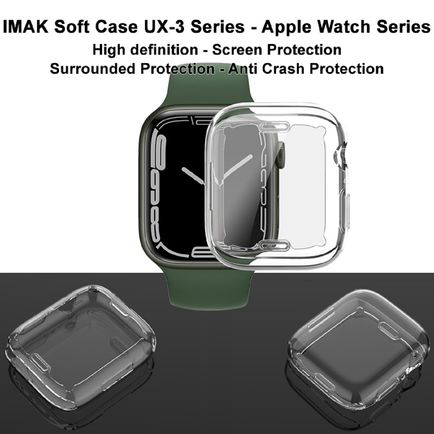 Apple Watch mit transparenter Hülle, grünem Band. Hülle mit klarer Abdeckung. High-Definition-Schutz für die Uhr.