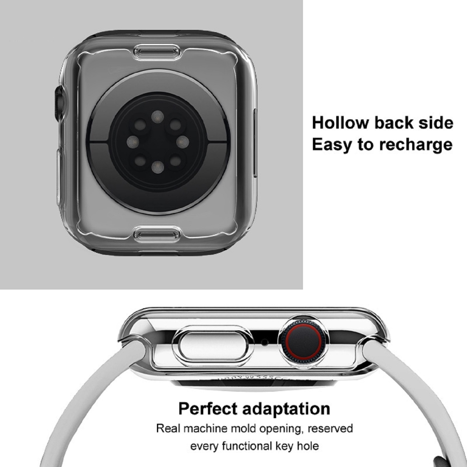 Eine transparente Uhrenhülle mit einer Apple Watch im Inneren, die Rückseite und Seitendetails zeigt.
