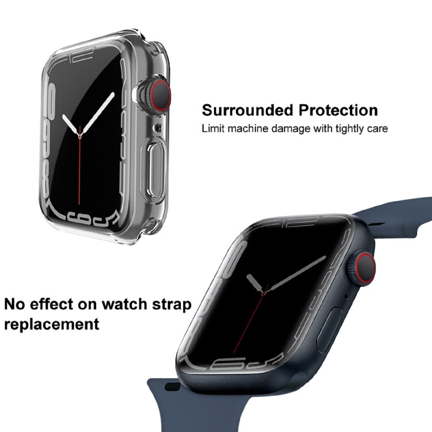 Zwei Apple Watches mit transparentem Gehäuse. Der Text lautet 'Surrounded Protection'.