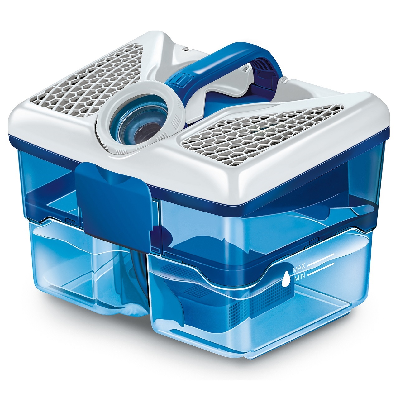 Ein weißer und blauer Staubsauger-Wassertank. Er hat einen Griff und eine Netzoberseite.