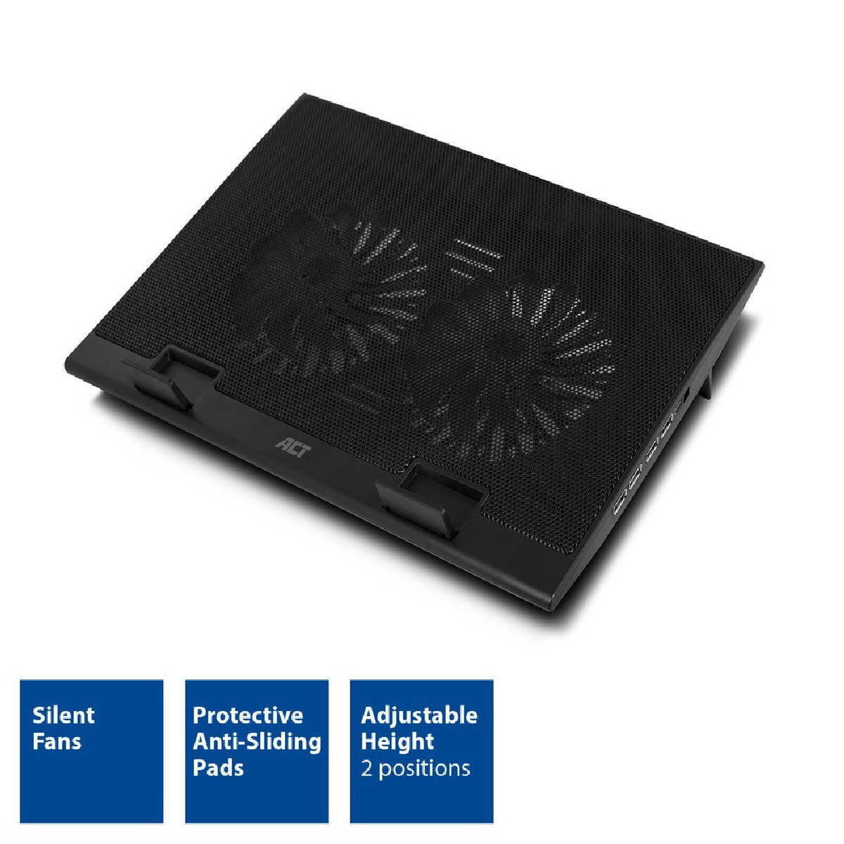 Schwarzes Laptop-Kühlpad mit zwei Lüftern. Schützende Anti-Rutsch-Pads und einstellbare Höhe.