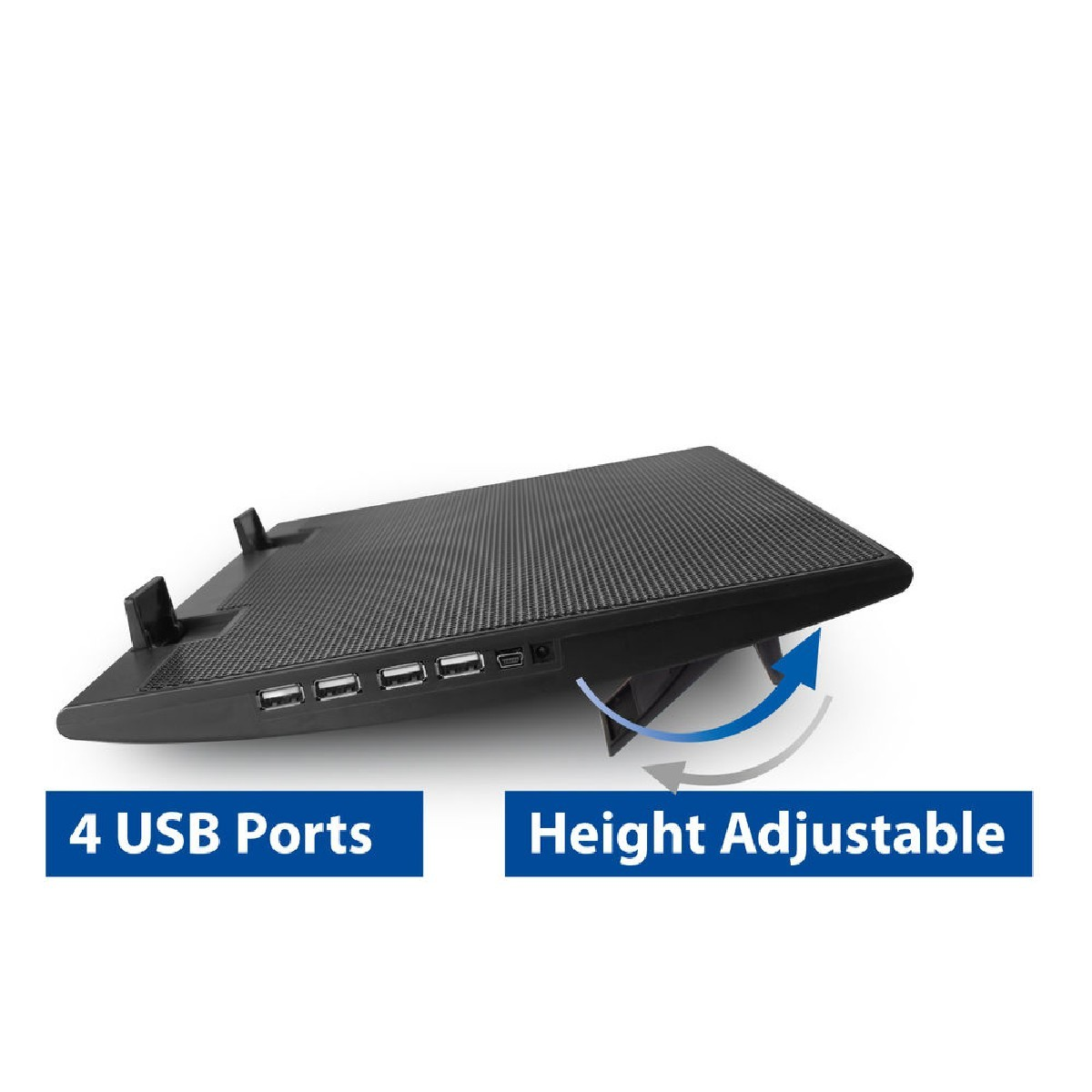 Laptop-Kühler mit 4 USB-Anschlüssen und Höhenverstellung. Schwarz und weiß.