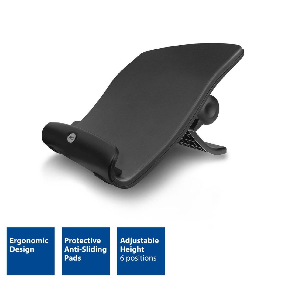 Schwarzer ergonomischer Ständer für Bücher oder Tablets, mit beschreibenden Etiketten unten.