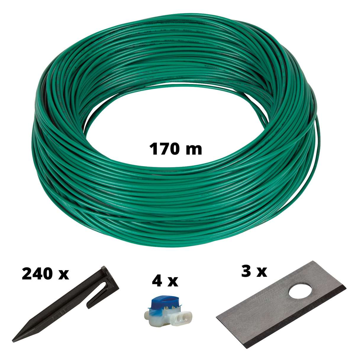 Grünes Kabel aufgerollt, und Zubehör: Pfähle, Verbinder und eine Klinge.