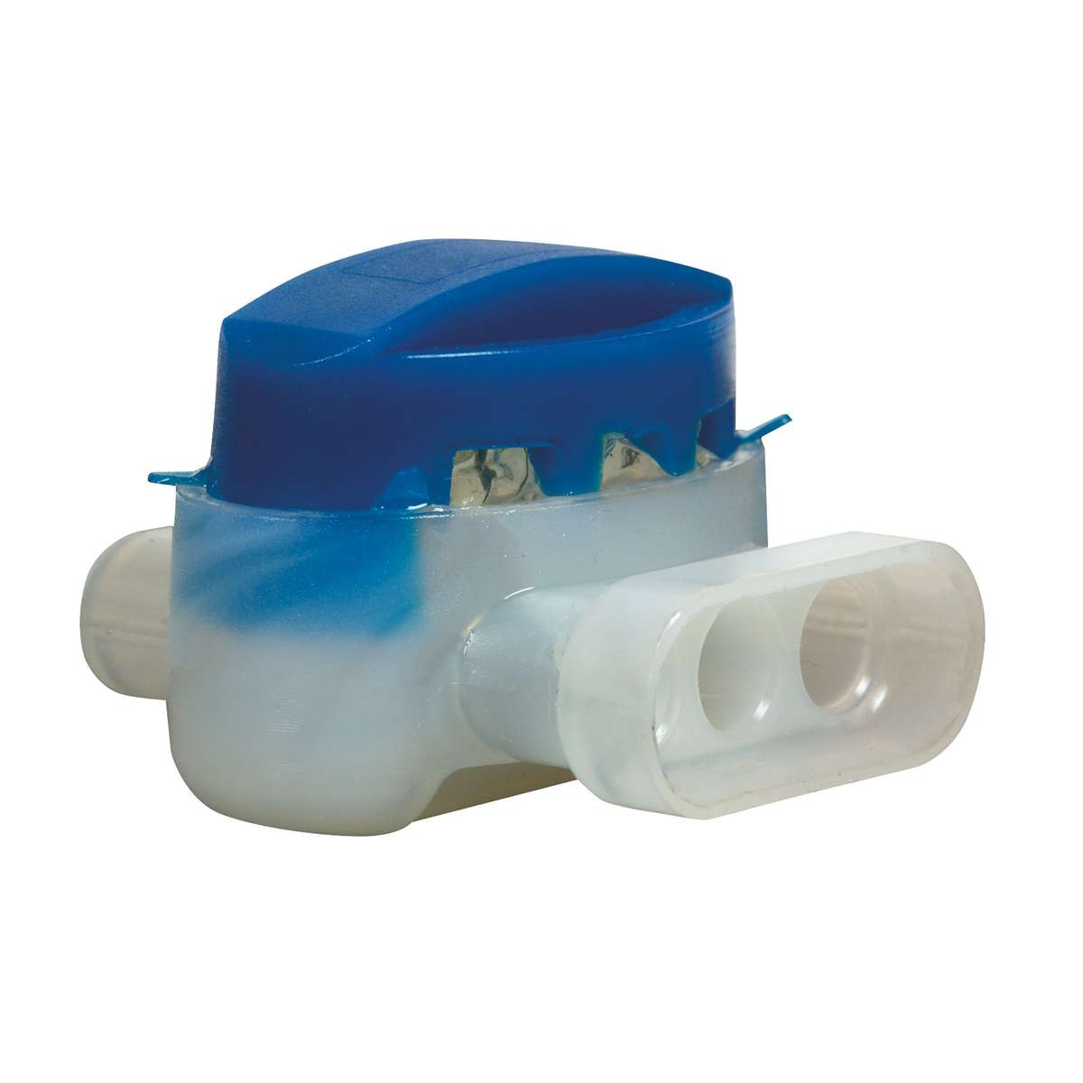 Elektrischer Drahtverbinder, blauer Deckel, weißer Körper, zwei Löcher an der Seite.
