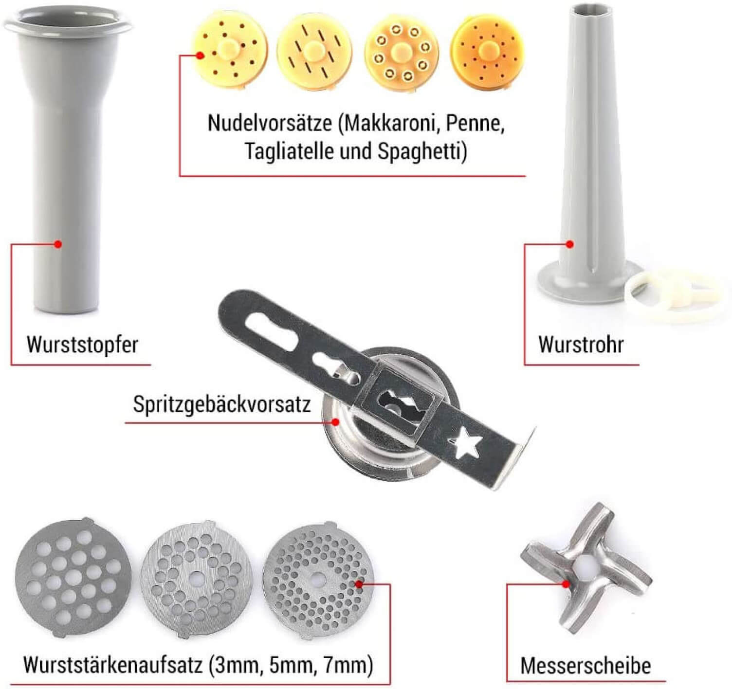 Teile des Küchengeräts: Nudelaufsätze, Wurstmacherteile. Weißer Hintergrund.