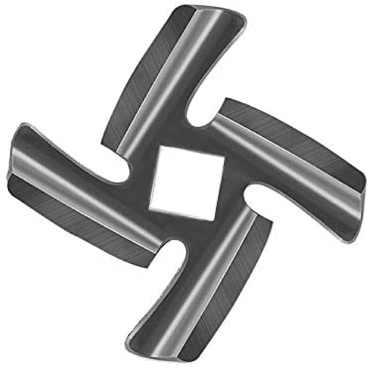 Eine Metallklinge für einen Fleischwolf mit vier gebogenen Klingen und einem quadratischen Mittelloch, glänzend.