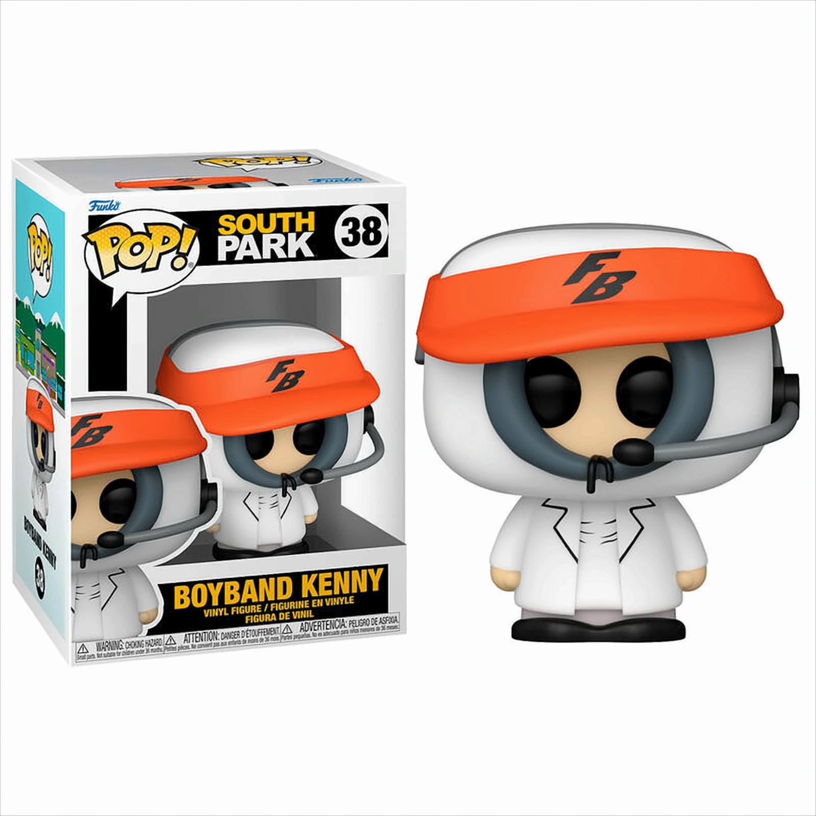 South Park Boyband Kenny Funko Pop Figur in Box. Figur trägt weißen Mantel und orangefarbenes Stirnband.