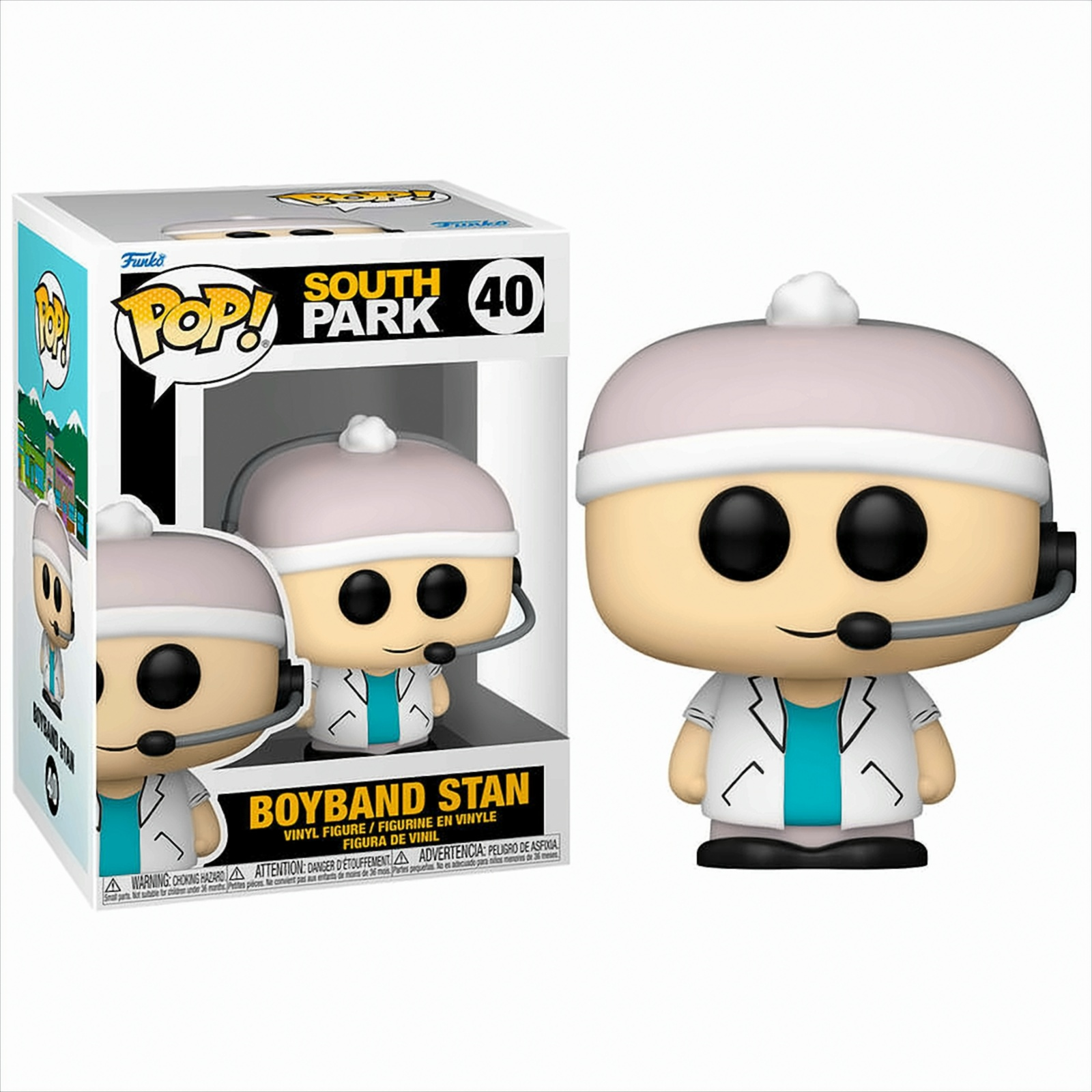 Figura Funko Pop di Boyband Stan da South Park in una scatola, sfondo bianco.