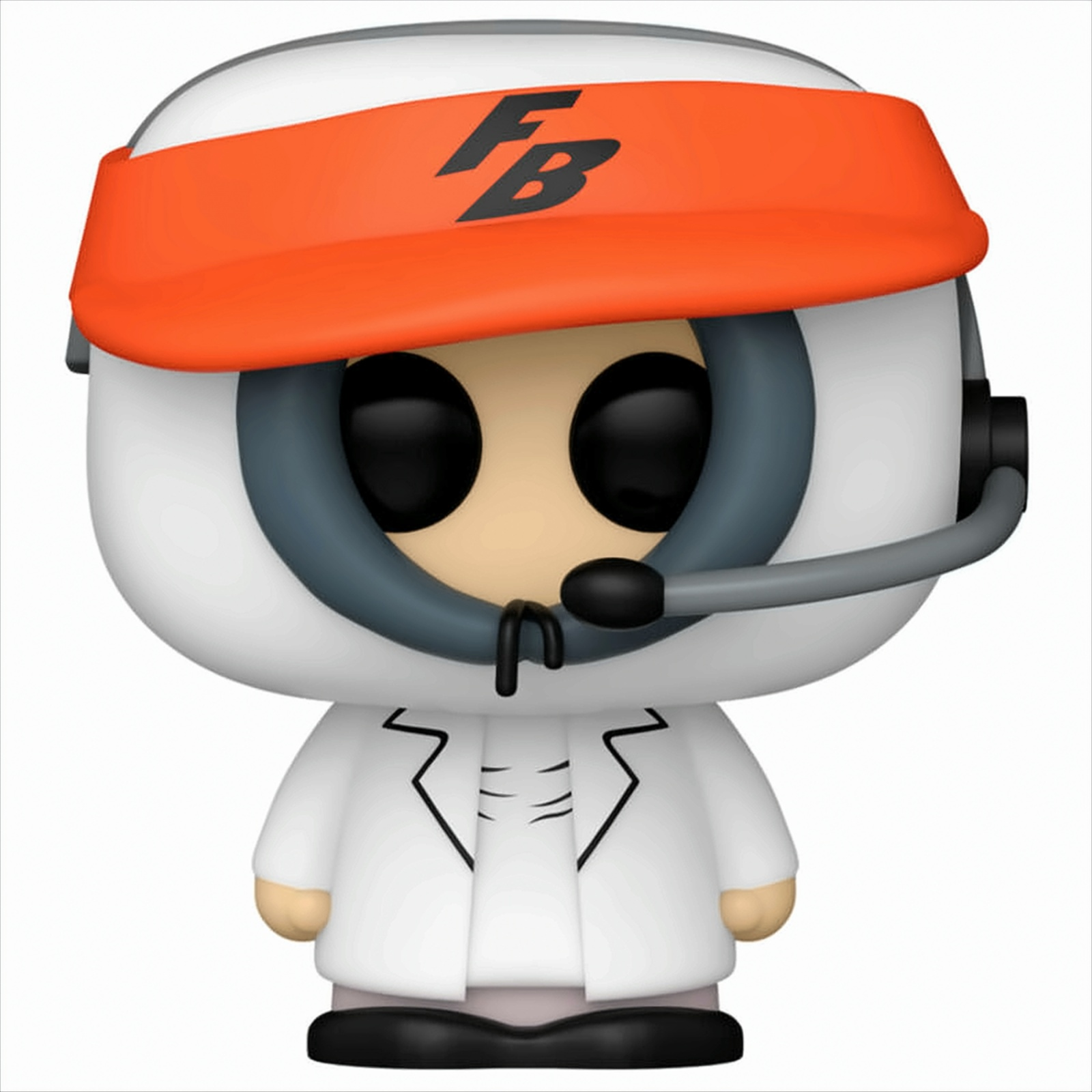 Eine Funko Pop Figur eines Mannes in einem weißen Laborkittel und orangefarbenem Visier. Er hat ein Headset auf.