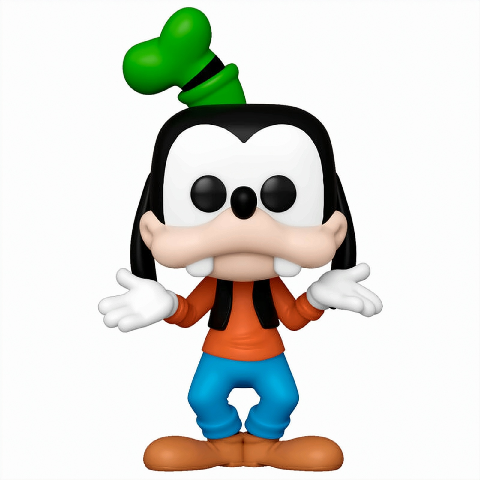 Figurka Goofy'ego z otwartymi ramionami. Nosi zielony kapelusz, pomarańczową koszulę i niebieskie spodnie.