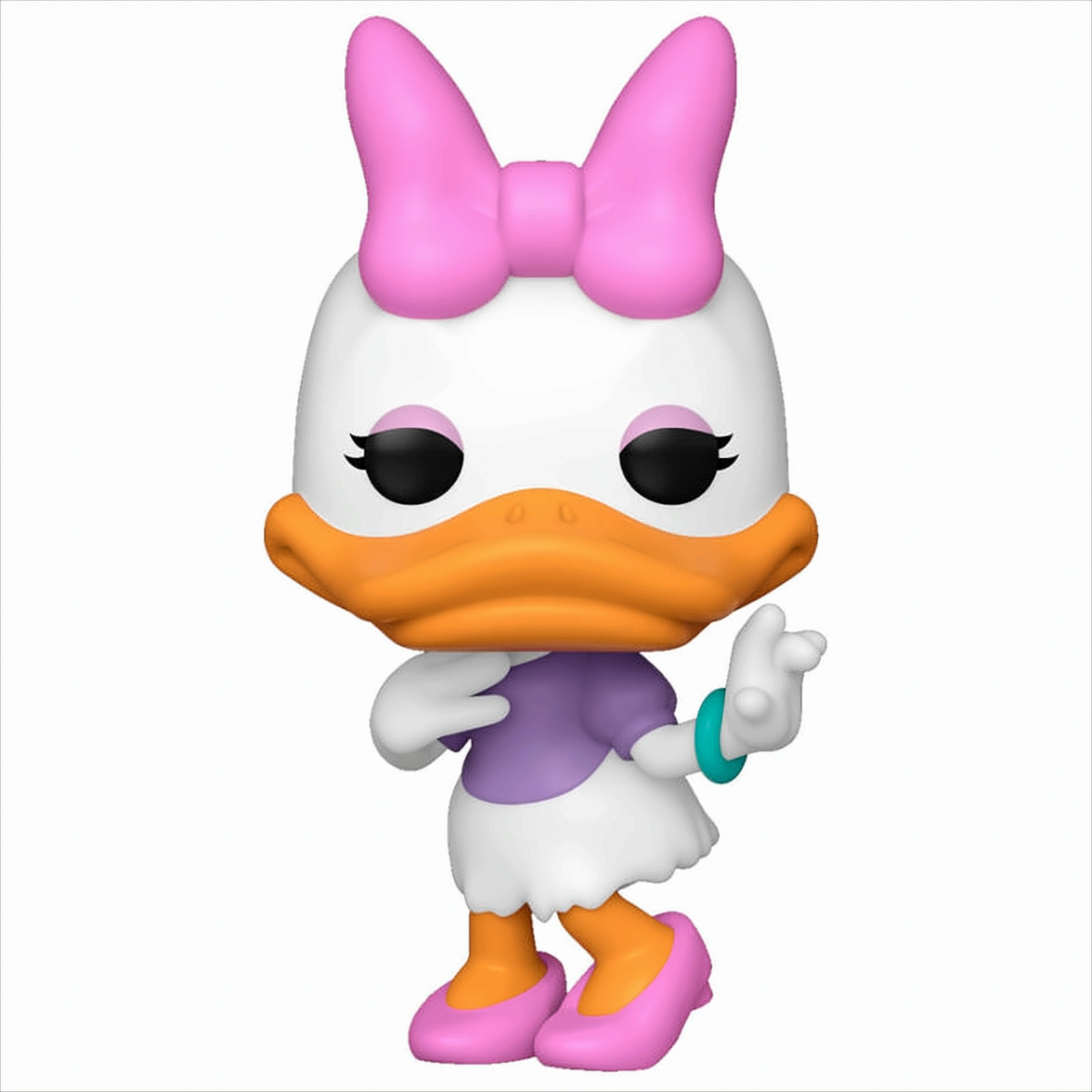 Daisy Duck-Figur, stehend, mit rosa Schleife und orangefarbenem Schnabel.