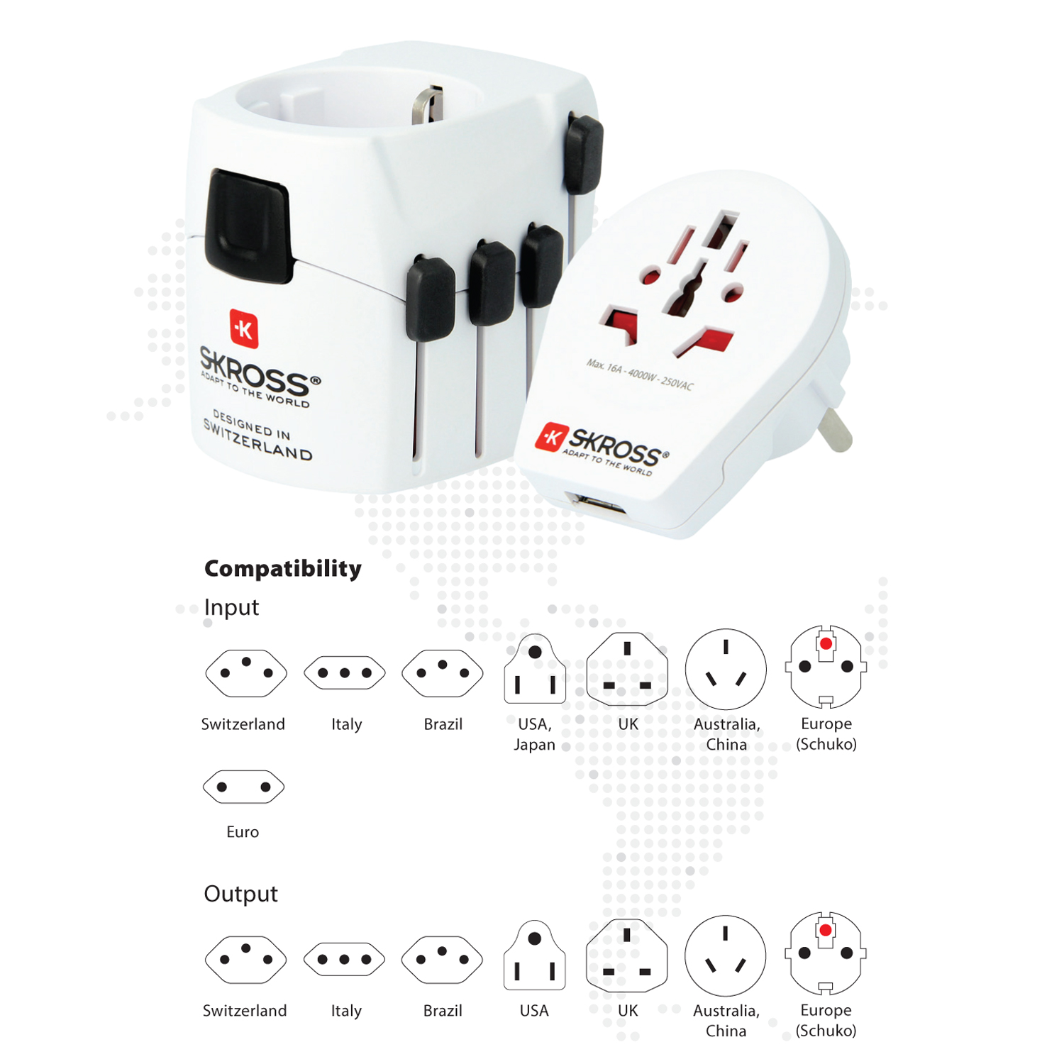 Adaptador de viaje blanco con múltiples opciones de enchufe y diagramas, sobre fondo blanco.