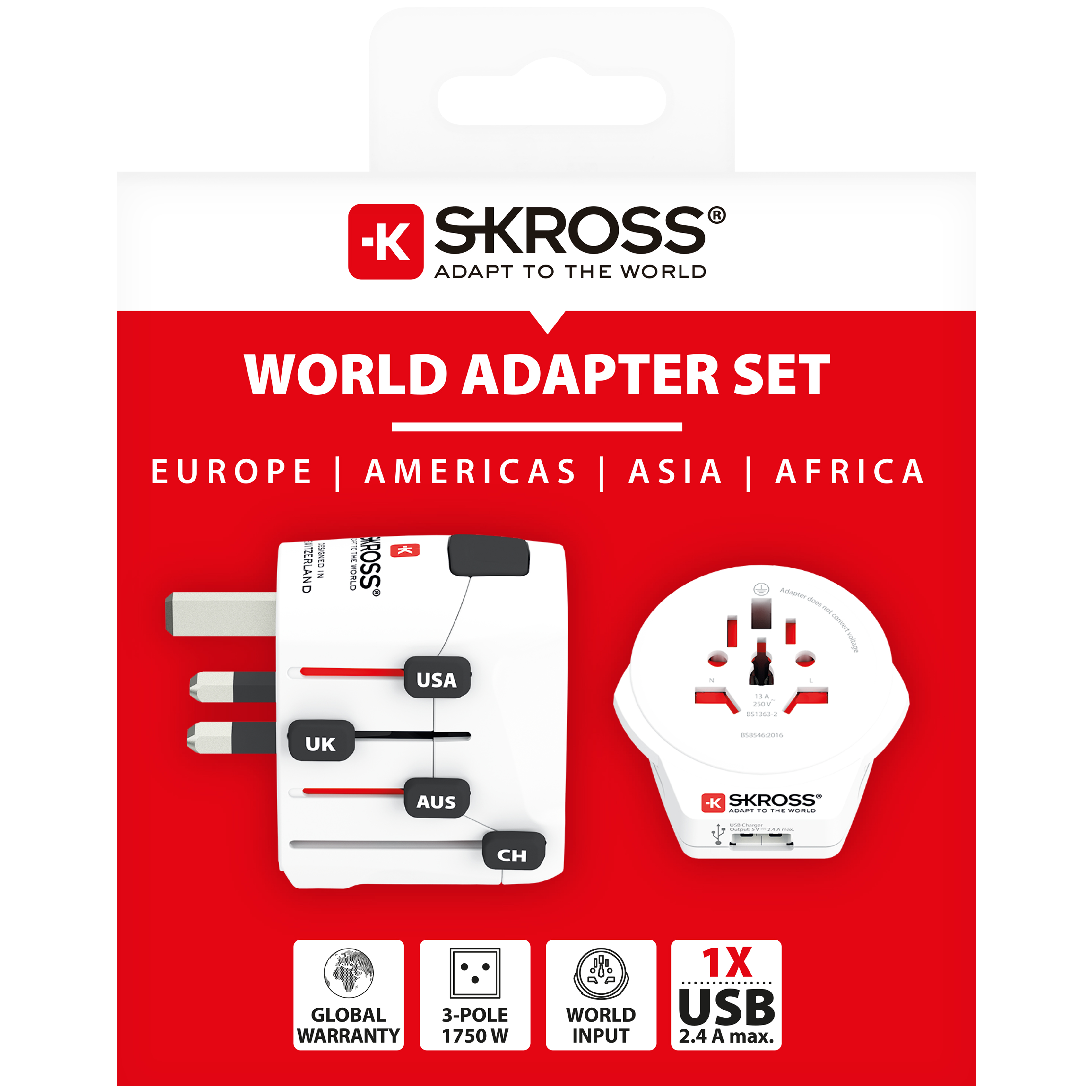 Un juego de adaptadores mundiales con múltiples tipos de enchufe y puerto USB, sobre fondo rojo.