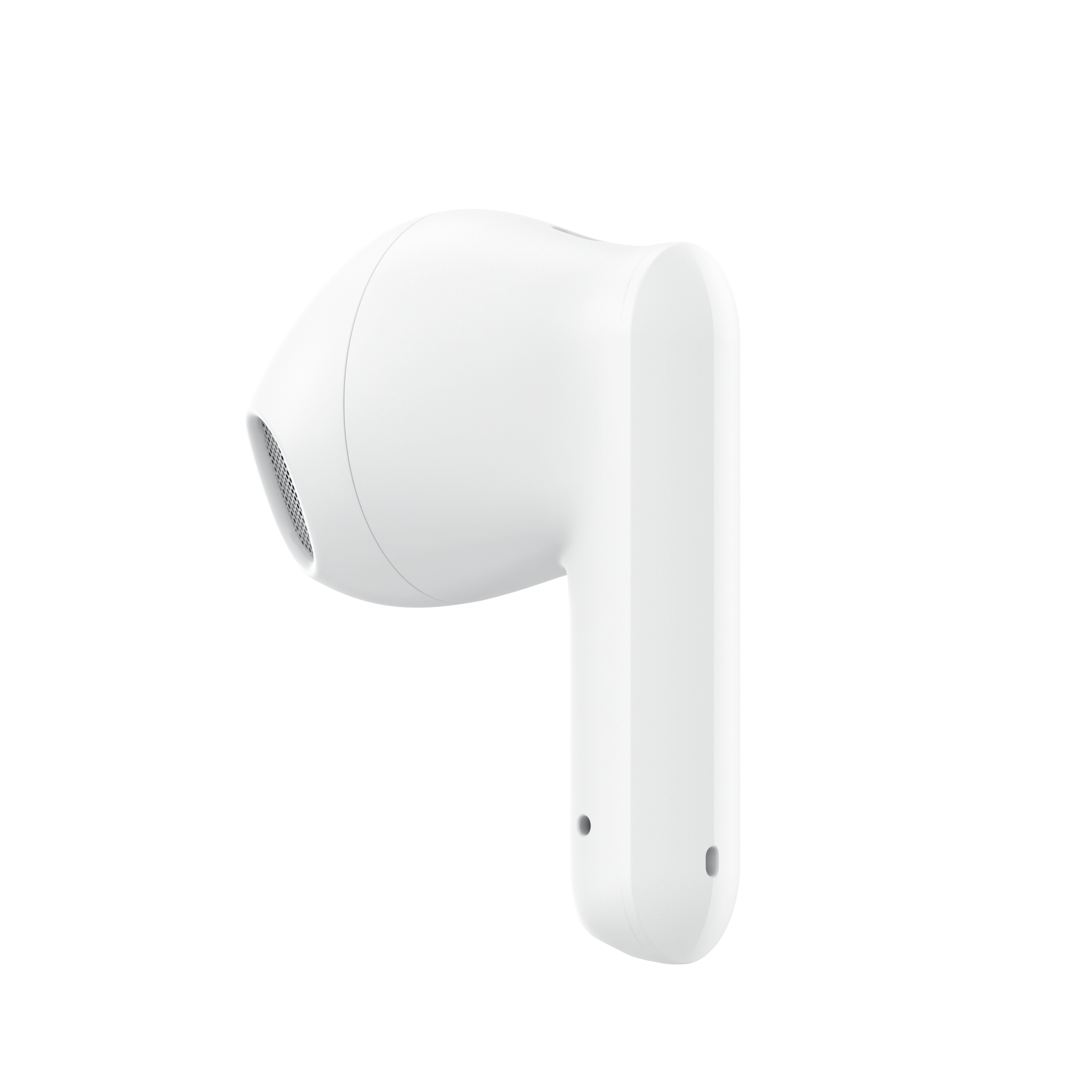 Auricolare bianco, singolo. Sfondo nero. Vista angolata. Design liscio e curvo.